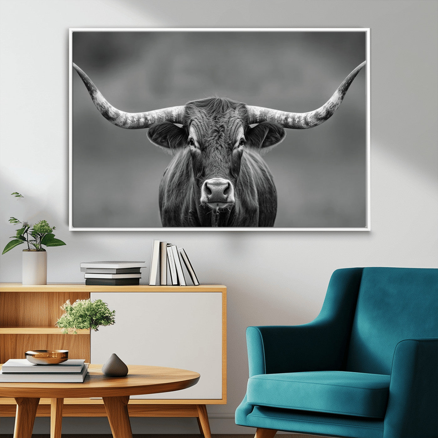 -Framed Texas Longhorn Bull Art Canvas Print, Western Bull Wall Art Print, Long Horn Bull Photo Print