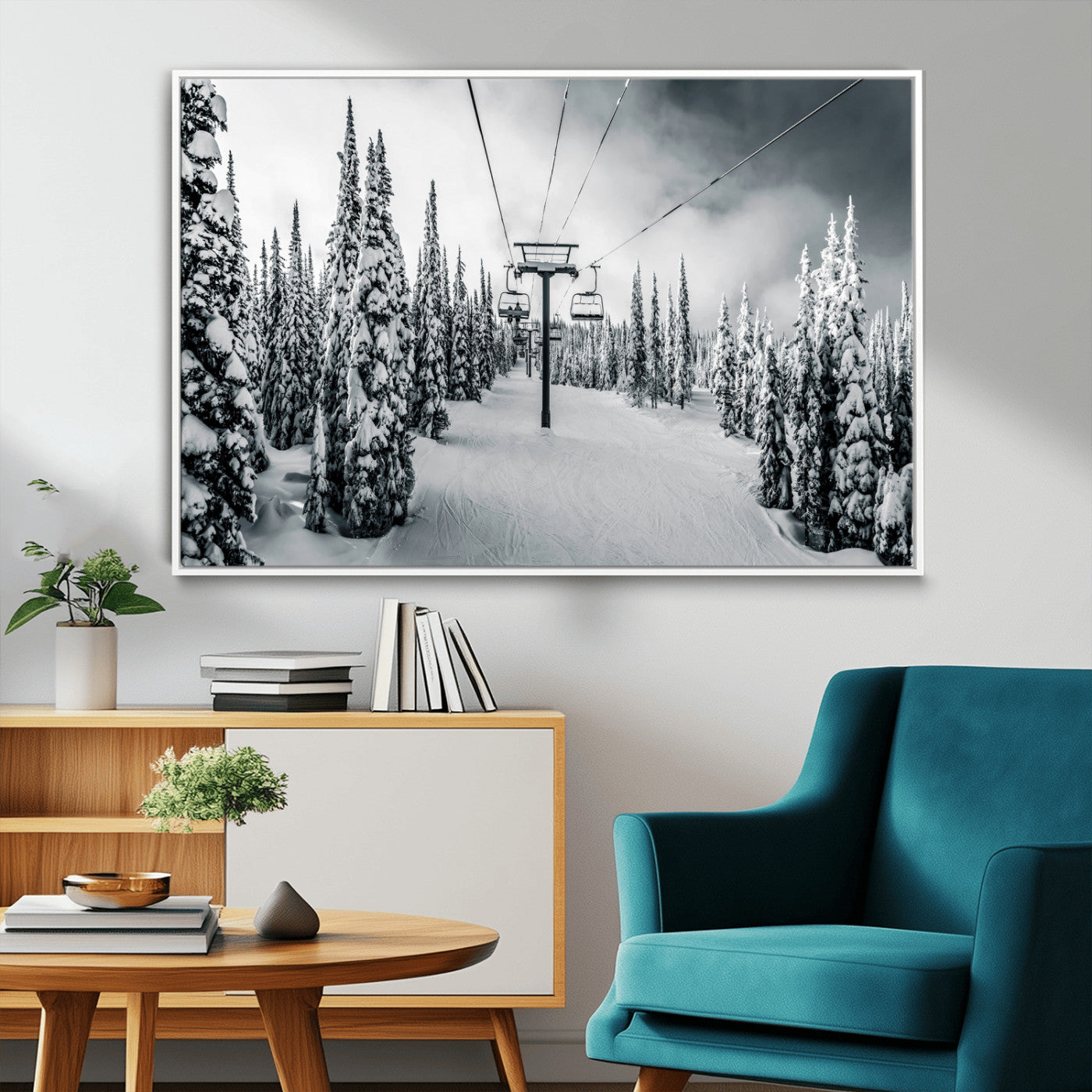 31156828-MGV-FC-36X24_White-Snowy Pines Wall Art Canvas Print – Framed Ski Lift Winter Forest Snowy Landscape Moody Lodge Artwork for Home, Office