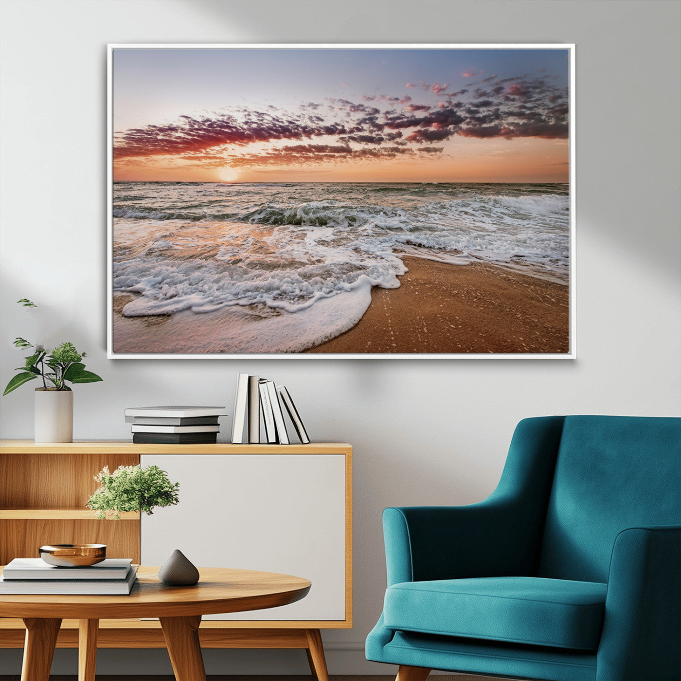 39846389-MGV-FC-36X24_White-Ocean Sunset Wall Art Canvas Print – Framed Sandy Shore Gentle Waves Coastal Landscape Minimalist Artwork for Home, Office