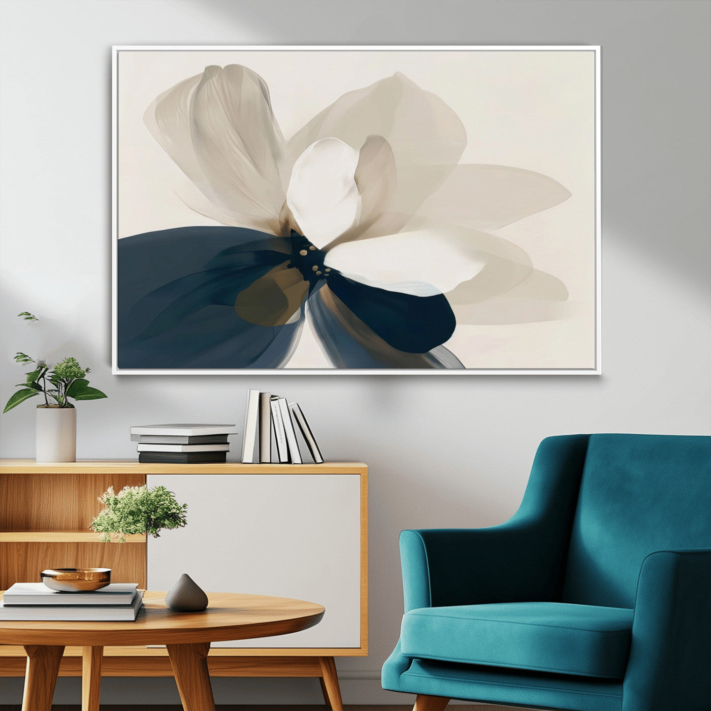 42188901-MGV-FC-36X24_White-Minimal Flower Wall Art Canvas Print, Framed Flower Drawing Art Picture Print, Beige Bloom Perfect Modern Botanical Decor Artwork