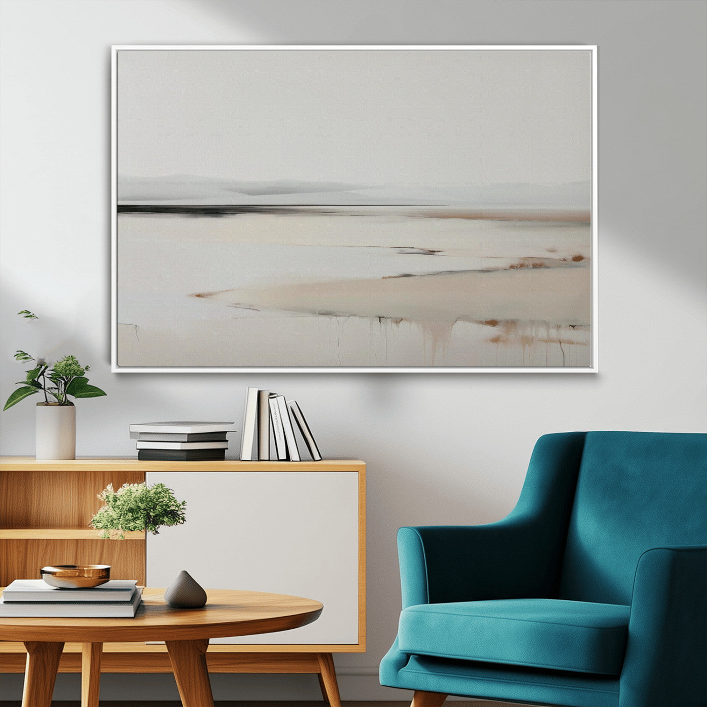 89410095-MGV-FC-36X24_White-Minimalist Landscape Wall Art Canvas Print – Framed Soft Horizon Abstract Seascape Earthy Tones Artwork for Home Office