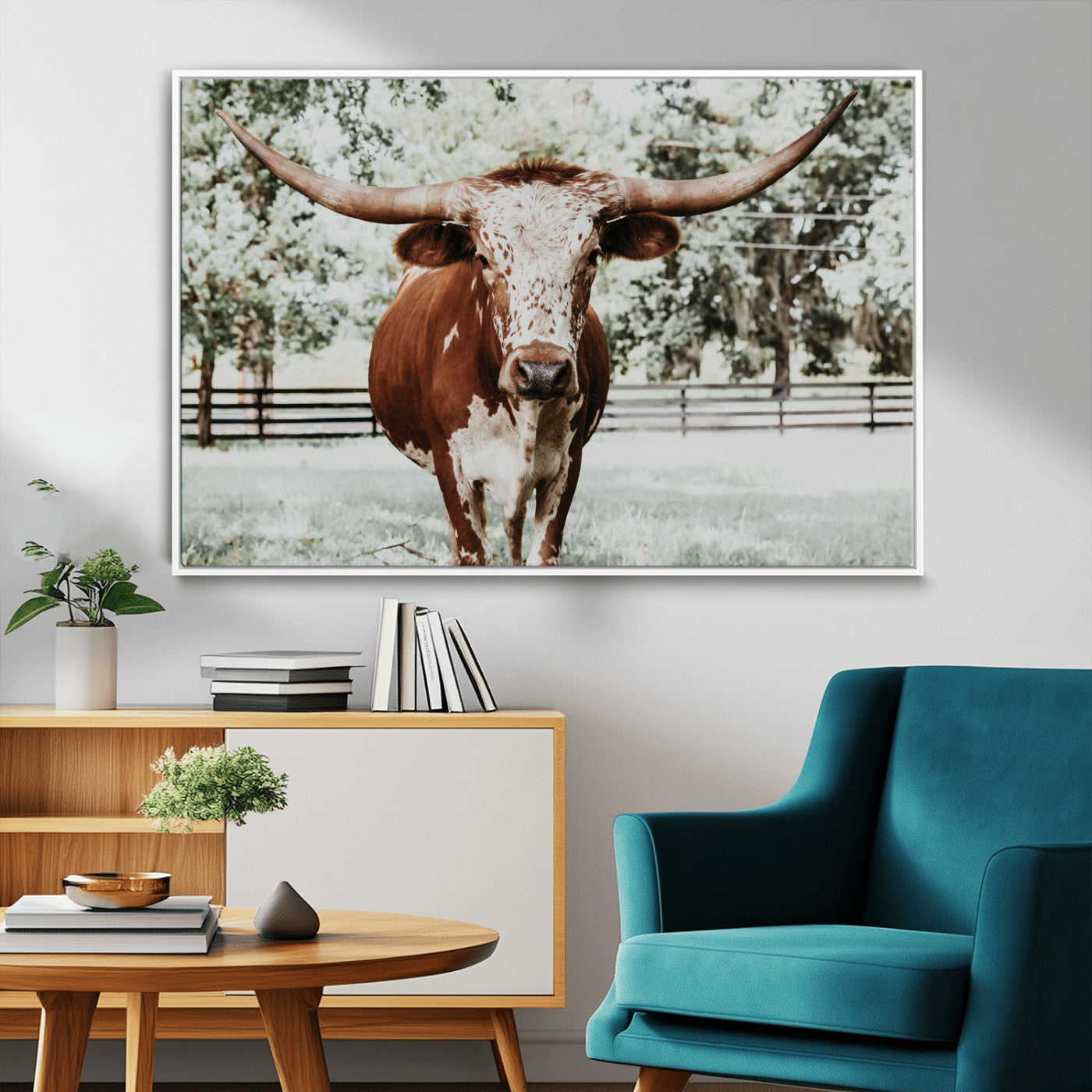 54757537-MGV-FC-36X24_White-Texas Longhorn Wall Art Canvas Print, Framed Spotted Cow Art Picture Print, Horned Cattle Perfect Rustic Western Decor Artwork