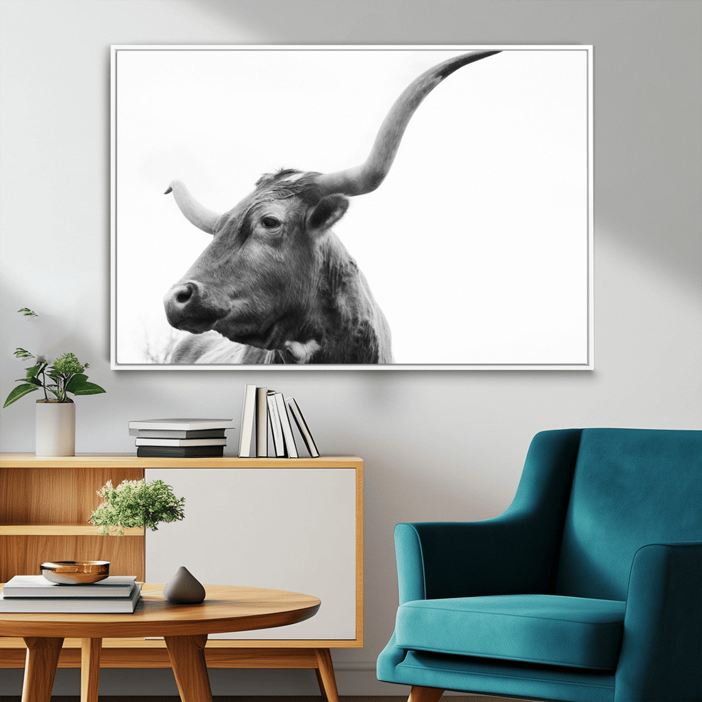 64392617-MGV-FC-36X24_White-Longhorn Wall Art Wall Art Canvas Print, Framed Modern Ranch Style Art Art Picture Print, Monochrome Cow Print Perfect Rustic Western Decor Artwork