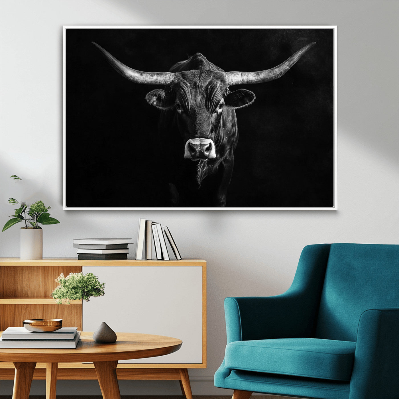 -Texas Longhorn Wall Art Canvas Print, Framed Monochrome Bull Art Picture Print, Horned Bull Perfect Rustic Western Decor Artwork