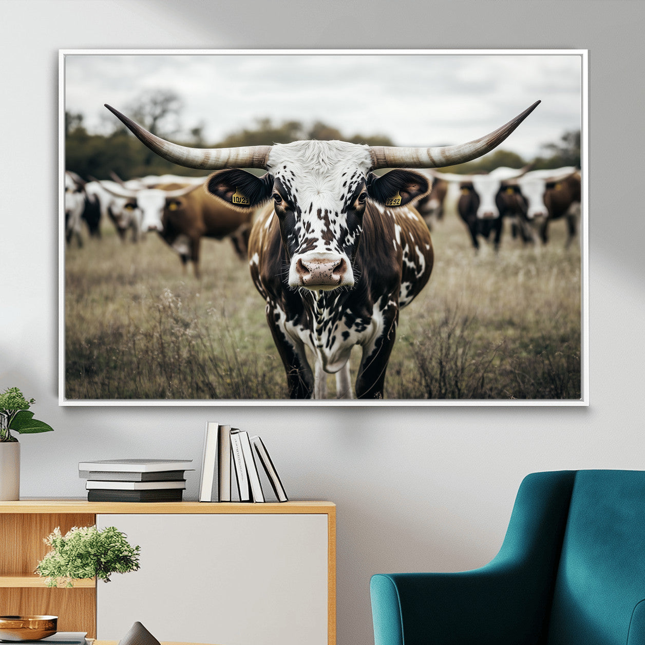 MGV-FC-36X24 - Majestic Longhorn Cow Wall Art – Canvas Print of Intricate Fur & Sharp Horns Earthy Tones Serene Landscape, Rustic Charm Decor for Living Room, Office or Bedroom
