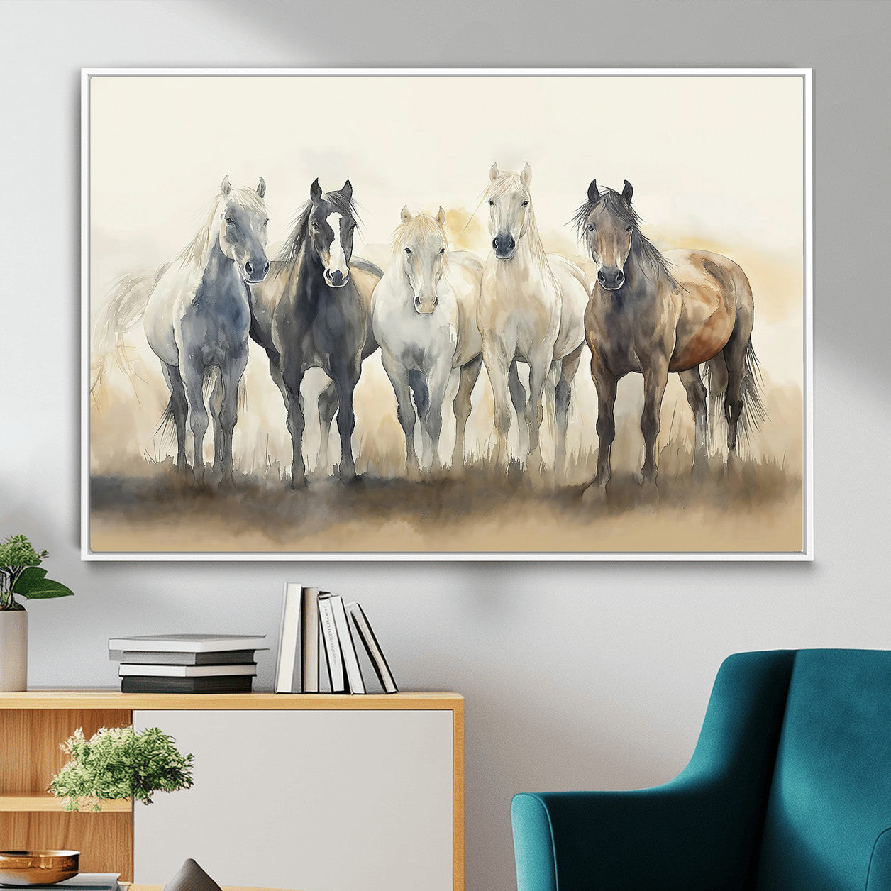 MGV-FC-36X24 - Wild Horses Wall Art Canvas Print, Framed Running Horses Art Picture Print, Watercolor Horses Perfect Rustic Western Decor Artwork