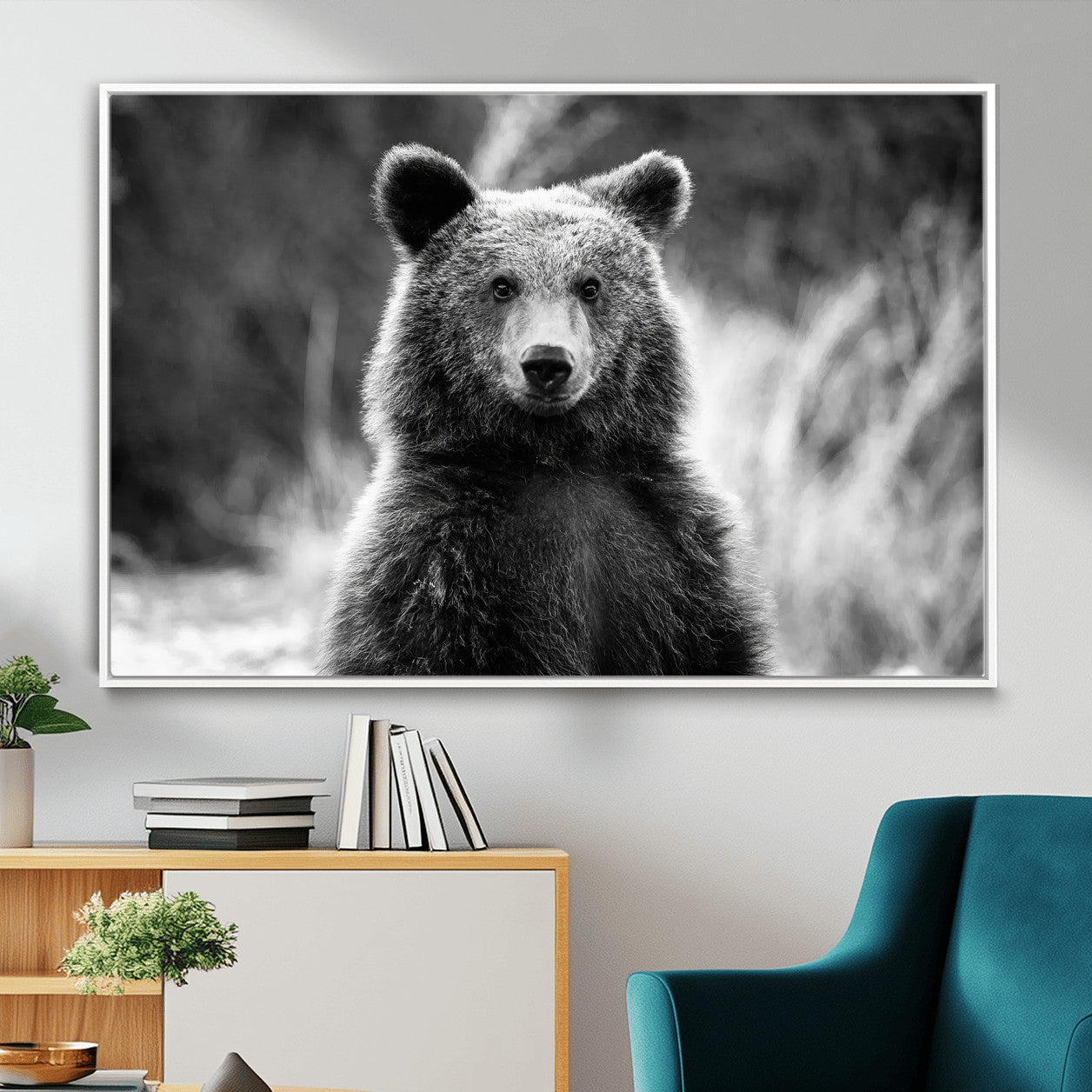 55656803-MGV-FC-36X24_White-Grizzly Bear Wall Art Canvas Print – Framed Black White Wildlife Rustic Nature Artwork for Home, Office Decor