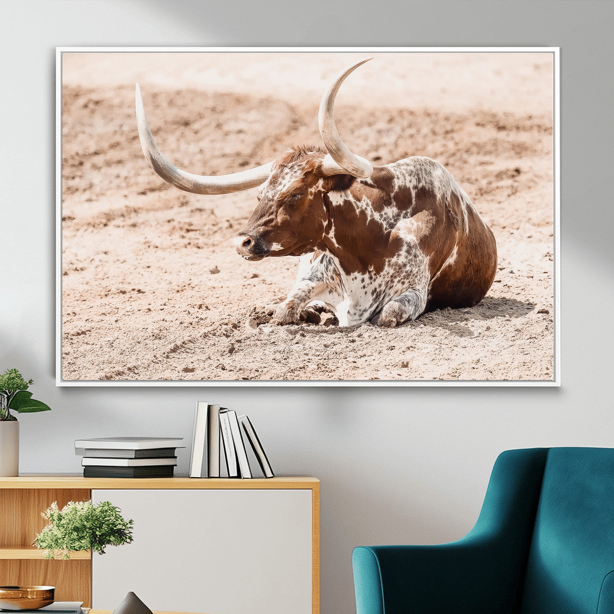 91248682-MGV-FC-36X24_White-Texas Longhorn Wall Art Canvas Print – Framed Resting Bull Scene with Spotted Cattle Artwork for Home, Office