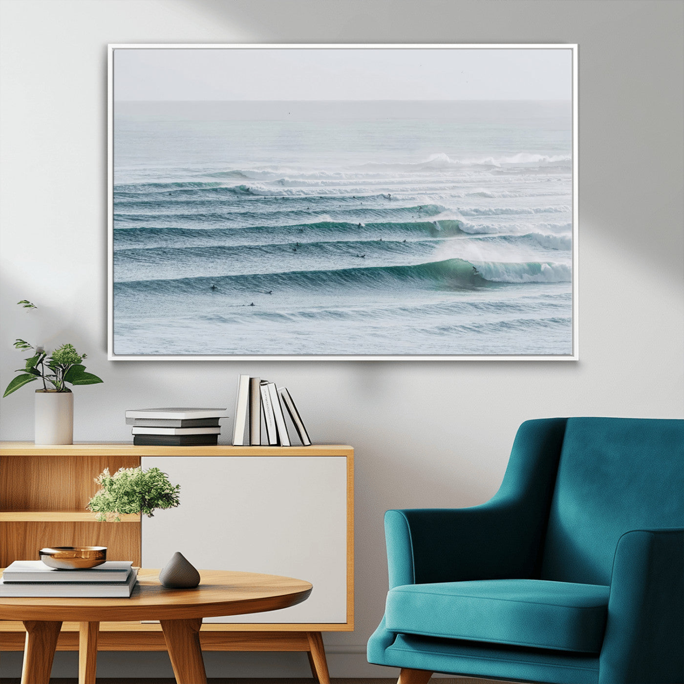 73969318-MGV-FC-36X24_White-Ocean Waves Wall Art Canvas Print – Framed Surfer Lineup Scene with Crowded Ocean Artwork for Home, Office