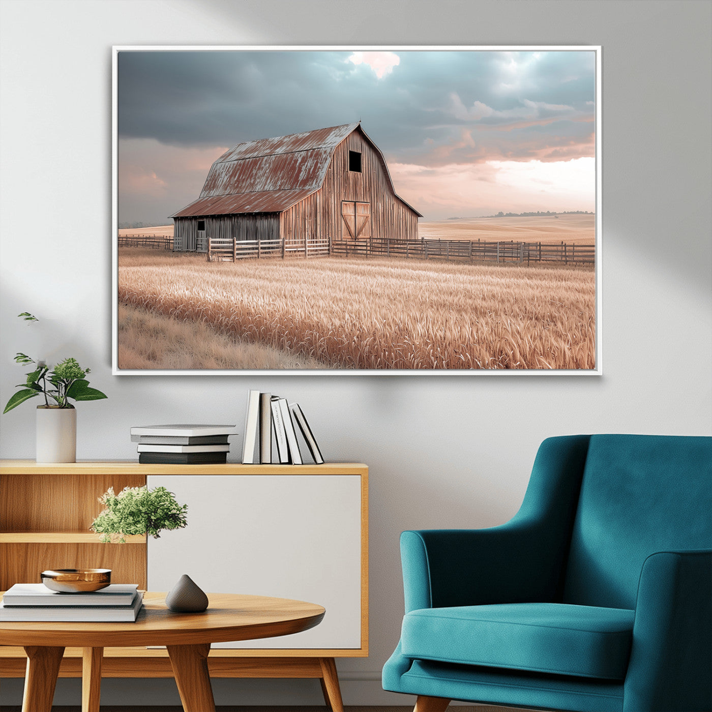 36878364-MGV-CV-36X24-Rustic Barn Wall Art Canvas Print – Framed Wheat Field Scene with Sunset Barn Artwork for Home, Office, Living Room