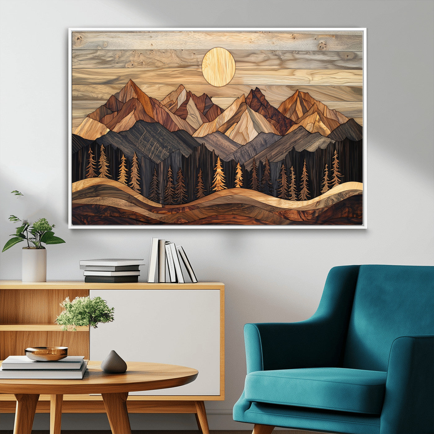 50100230-MGV-CV-36X24-Wood Mountain Wall Art Canvas Print – Framed Boho Abstract Woodland Rustic Farmhouse Geometric Artwork for Home Office