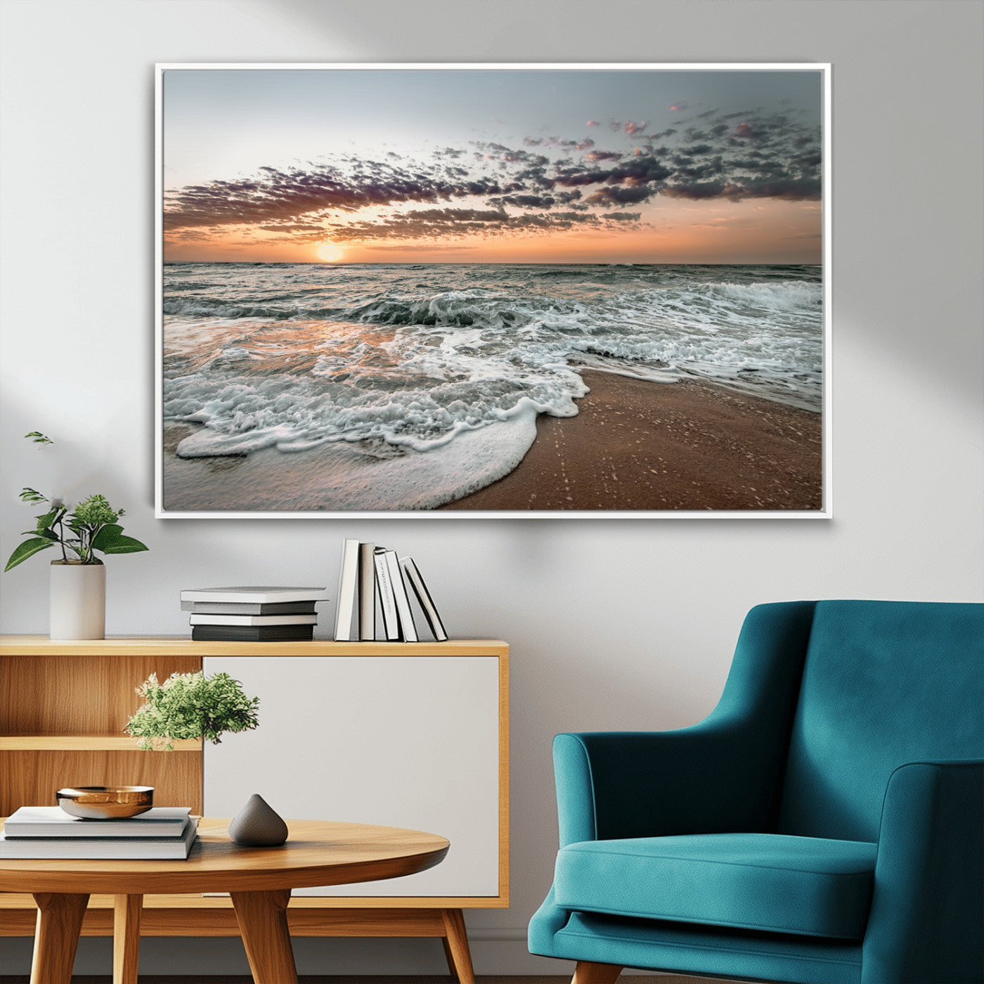 40632752-MGV-FC-36X24_White-Ocean Sunset Wall Art Canvas Print – Framed Beach Waves Scene with Coastal Artwork for Home, Office, Living Room