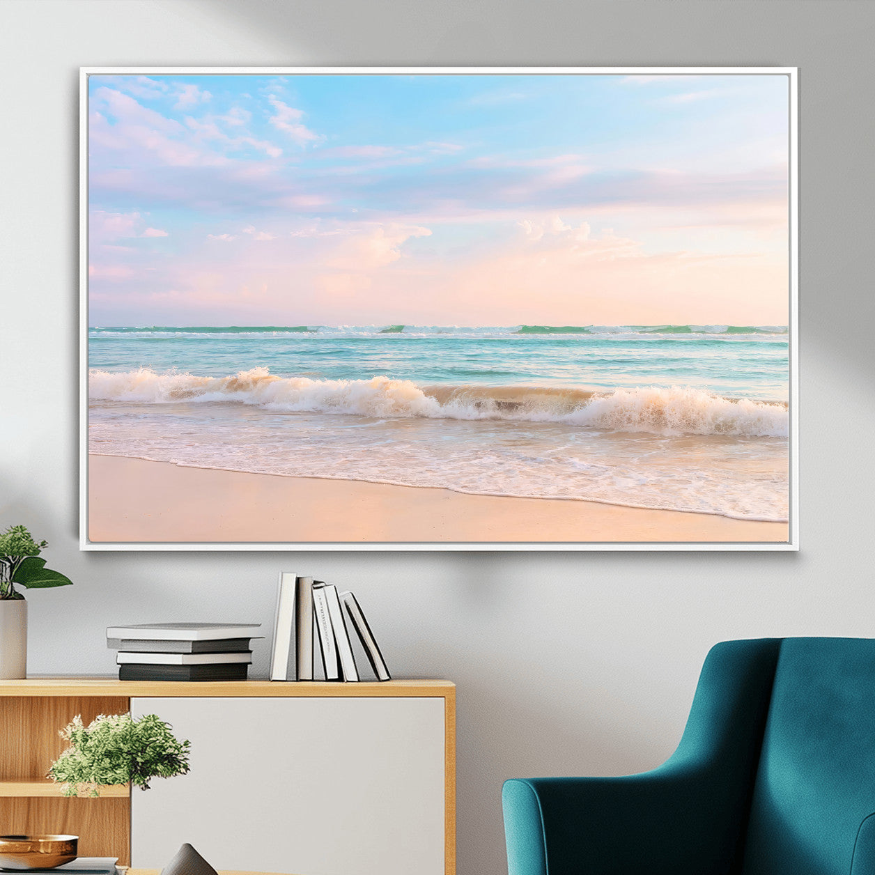 74679437-MGV-CV-36X24 - Serene Waves Wall Art – Golden Shore & Soft Pastel Sky Canvas Print, Gentle Ocean and Peaceful Sunset for Living Room or Office