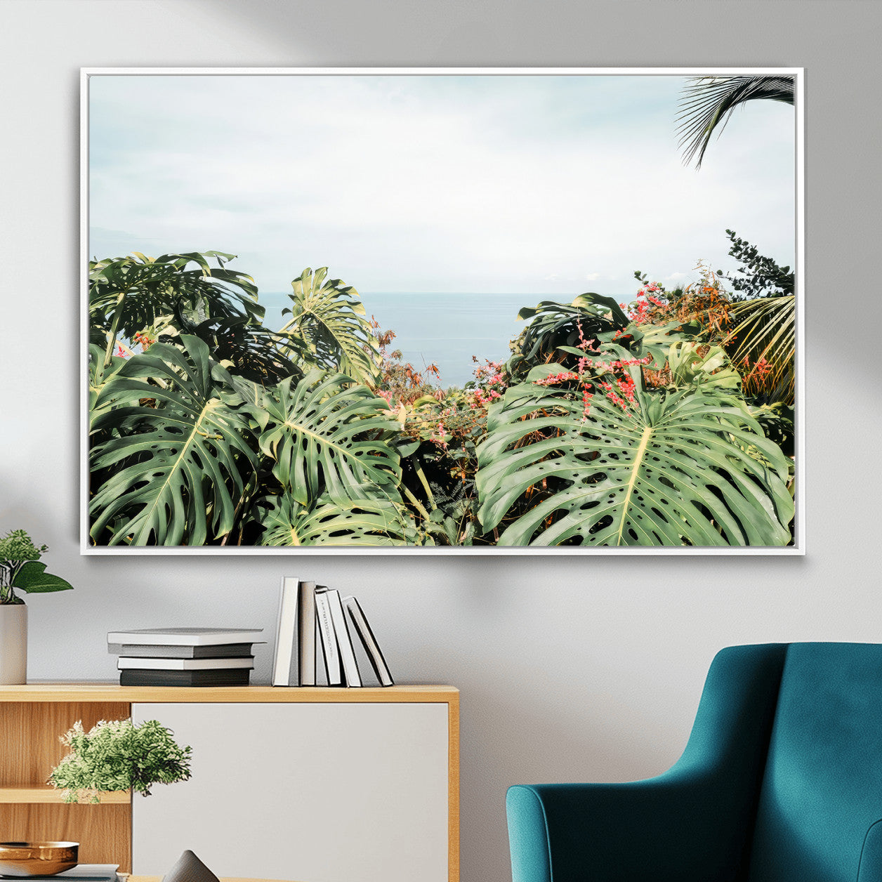45700479-MGV-CV-36X24 - Tropical Greenery Wall Art – Exotic Leaves & Ocean View Canvas Print, Sunlit Paradise and Vibrant Nature for Living Room or Coastal Decor