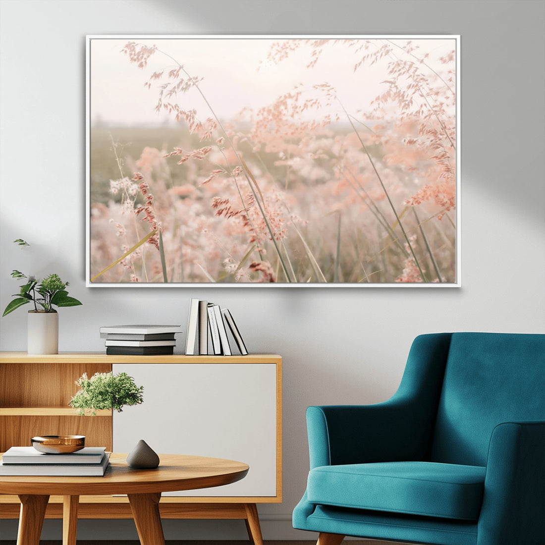 Pastel Grasses Wall Art Canvas Print, Framed Soft Pink Meadow Field in the Breeze