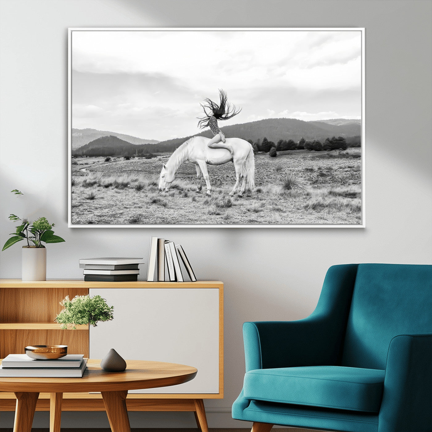 62789800-MGV-FC-36X24_White-White Horse Wall Art Canvas Print, Framed Woman Rider Art Picture Print, Equestrian Pose Perfect Western Boho Decor Artwork
