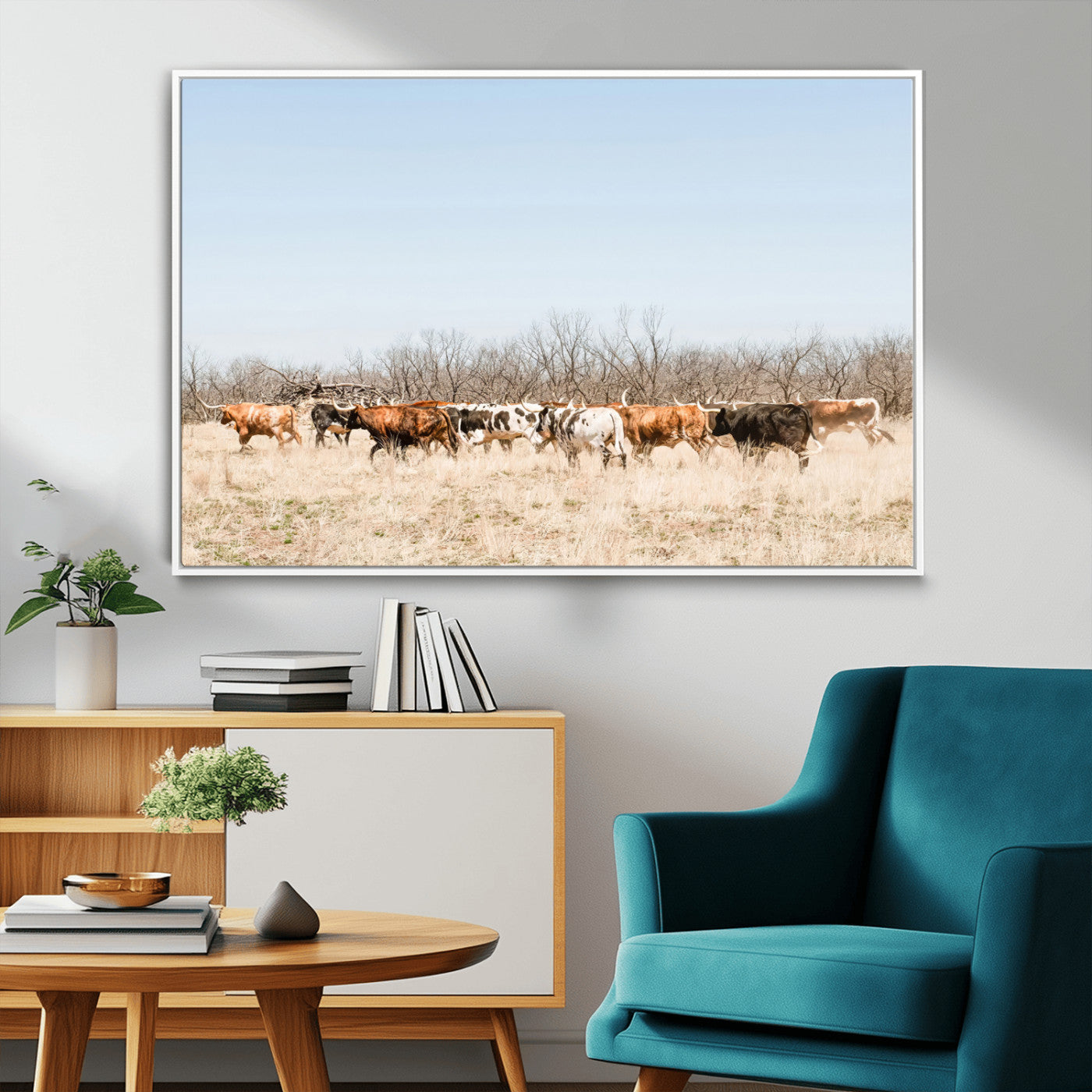 16563092-MGV-FC-36X24_White-Texas Longhorns Wall Art Canvas Print, Framed Western Cattles Art Picture Print, Rustic Herd Perfect Rustic Farmhouse Decor Artwork
