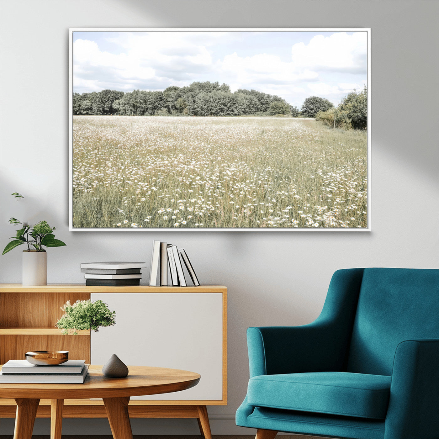 43258946-MGV-CV-36X24-Charming Daisy Field Wall Art Canvas Print – Framed Pastel Flower Meadow Bloom Scandinavian Minimal Artwork for Home Office