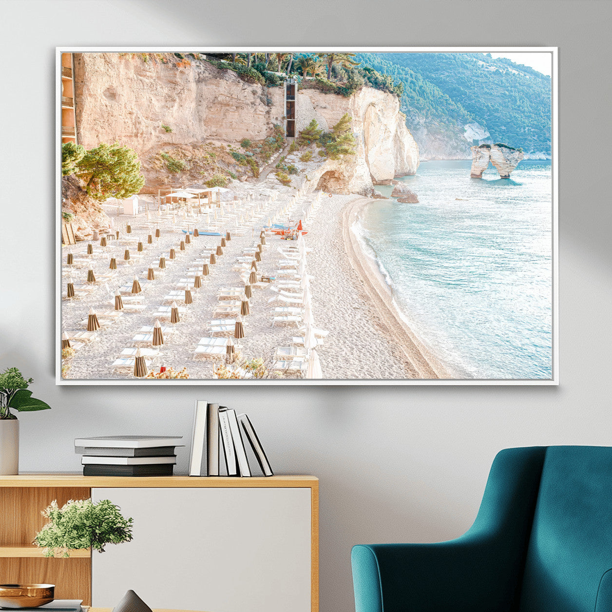 84816639-MGV-CV-36X24 - Sunny Beach Wall Art – Chairs & Umbrellas Canvas Print, Clear Water, Rocky Cliffs, Coastal Calm for Living Room or Vacation Home Decor