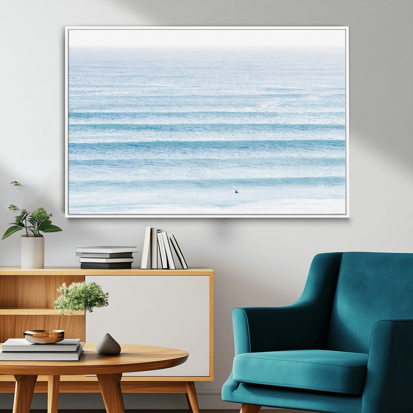 MGV-FC-36X24 - Ocean Simplicity Wall Art Canvas Print, Framed Surfer on Water Art Picture Print, Light Blue Perfect Coastal Minimalist Decor Artwork