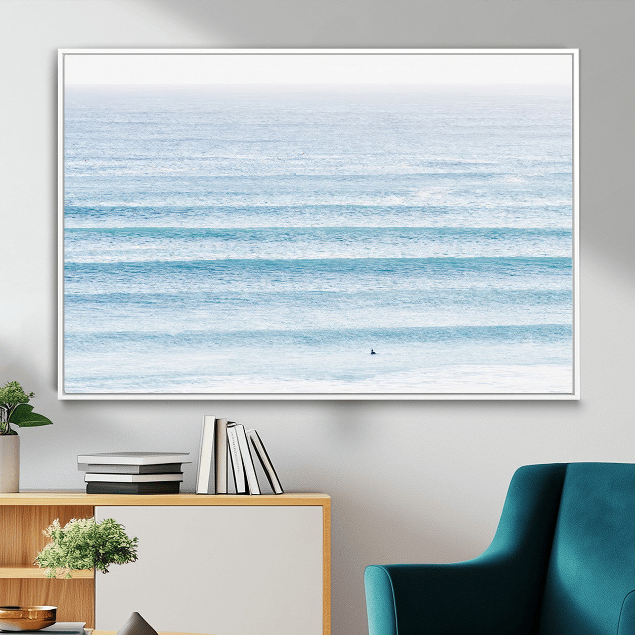 77145995-MGV-FC-36X24_White-Ocean Wave Surfer Wall Art – Framed Minimal Seascape Canvas Artwork, Calm Blue Water Design, Coastal Decor for Home, Office