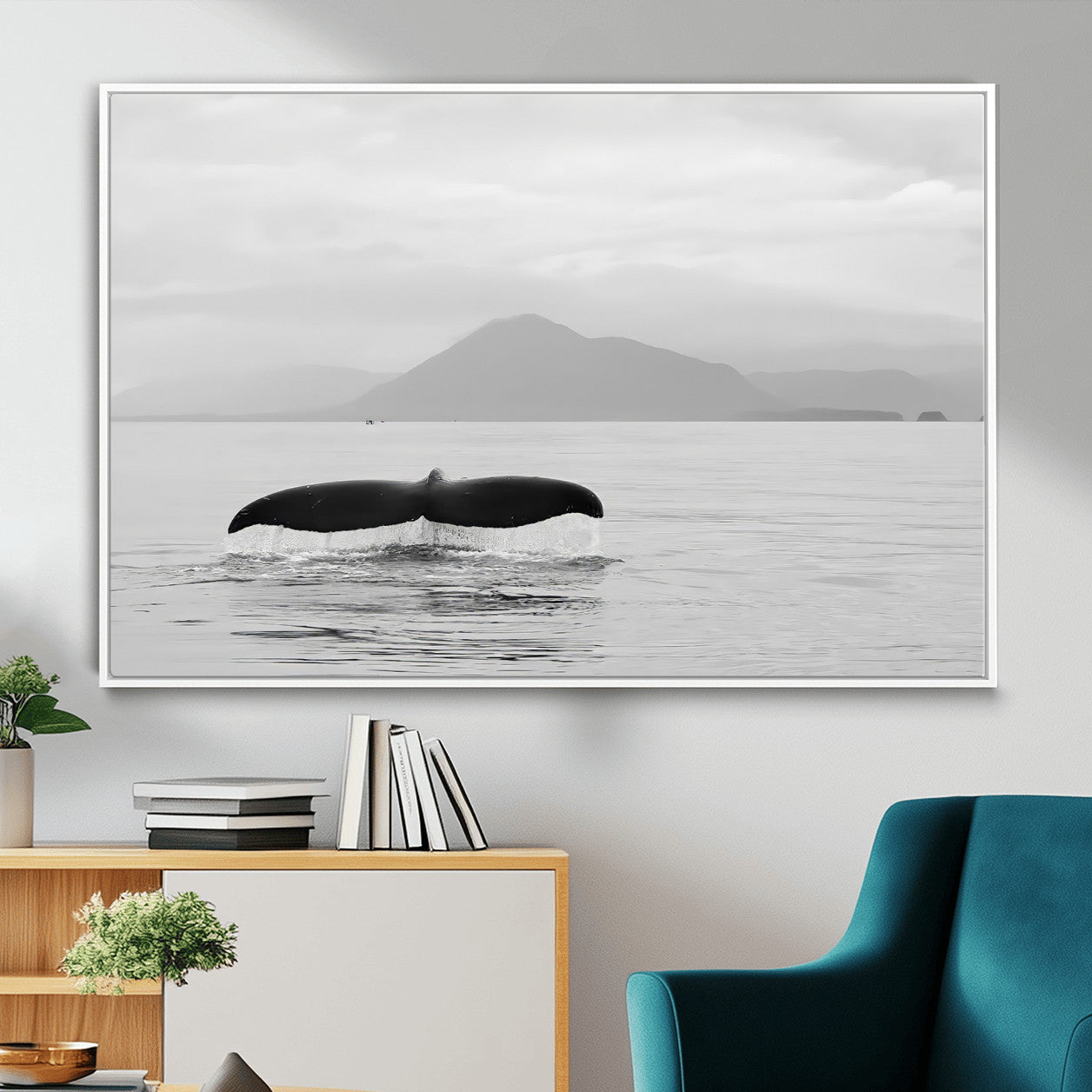 MGV-FC-36X24 - Whale Tail Wall Art Canvas Print, Framed Black White Ocean Art Picture Print, Calm Marine Perfect Minimalist Coastal Decor Artwork