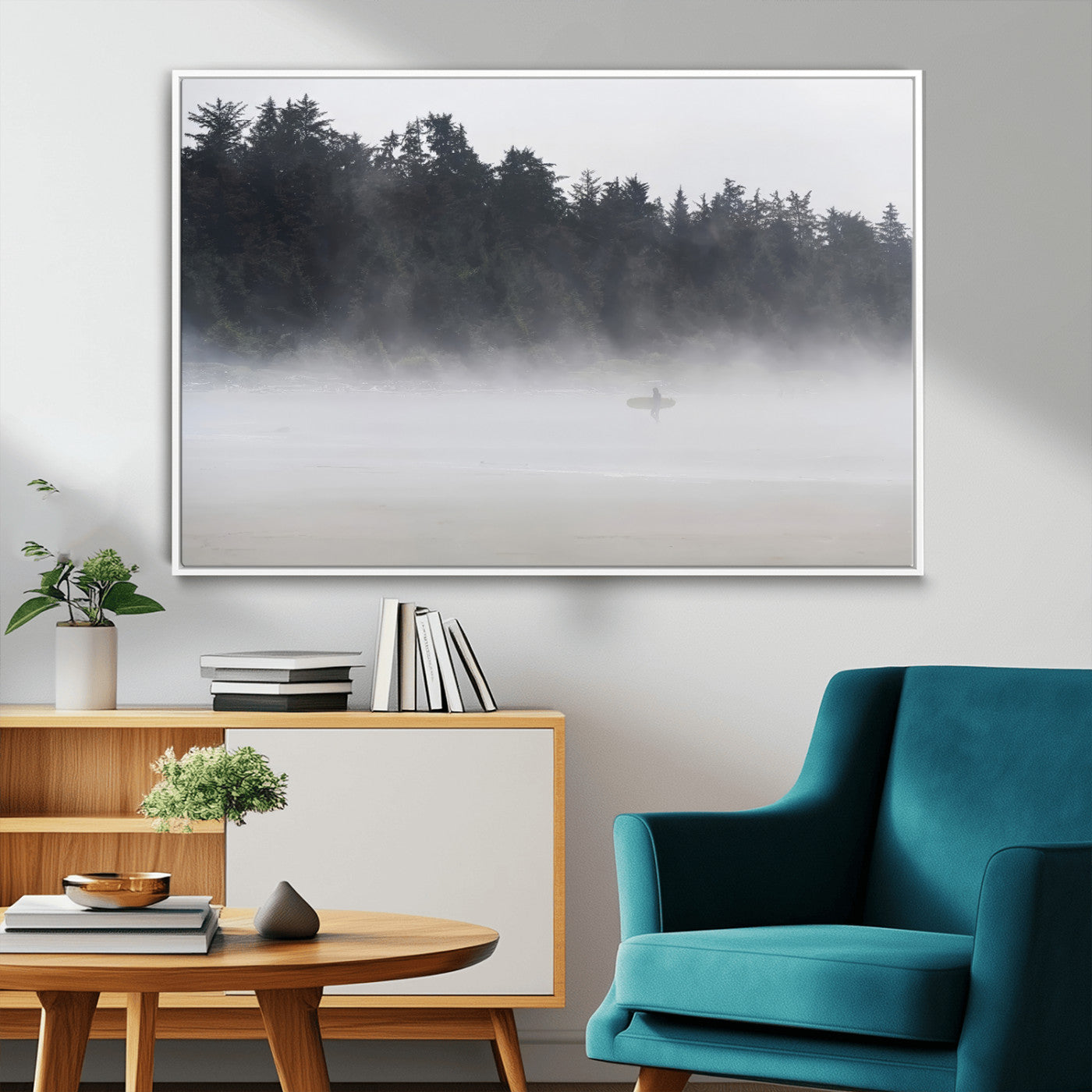 59703275-MGV-FC-36X24_White-Surfer Fog Wall Art Canvas Print – Framed Foggy Beach Scene with Coastal Surf Artwork for Home, Office, Living Room