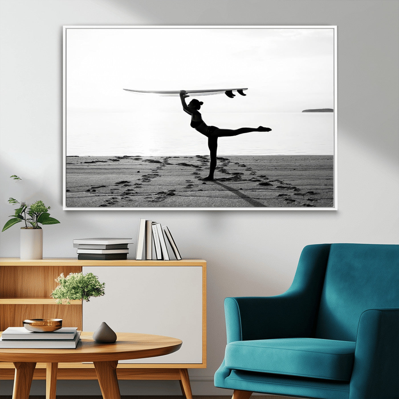 28441356-MGV-FC-36X24_White-Yoga Surf Wall Art Canvas Print – Framed Black White Shore Scene with Peaceful Ocean Artwork for Home, Office