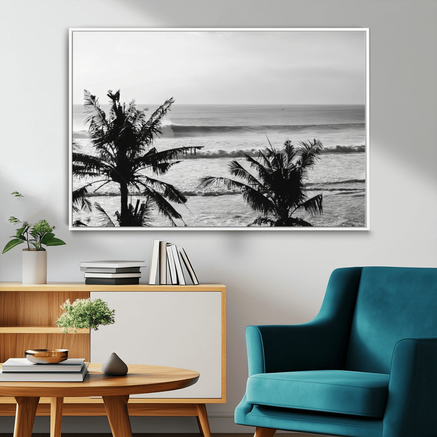 17508038-MGV-CV-36X24-Tropical Coastline Wall Art Canvas Print – Framed Palm Trees Scene with Ocean Waves Artwork for Home, Office