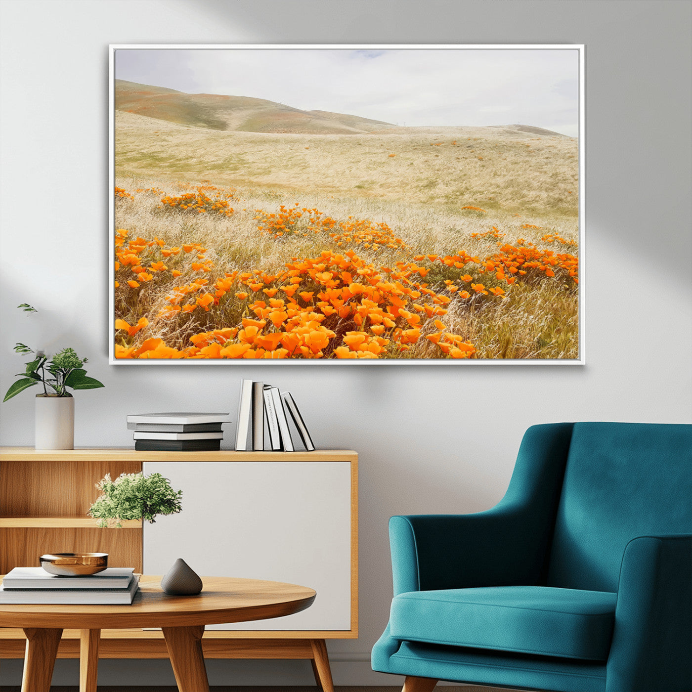 28972262-MGV-FC-36X24_White-Golden Wildflowers Wall Art Canvas Print – Framed Hills Bloom Scene with Poppy Meadow Artwork for Home, Office