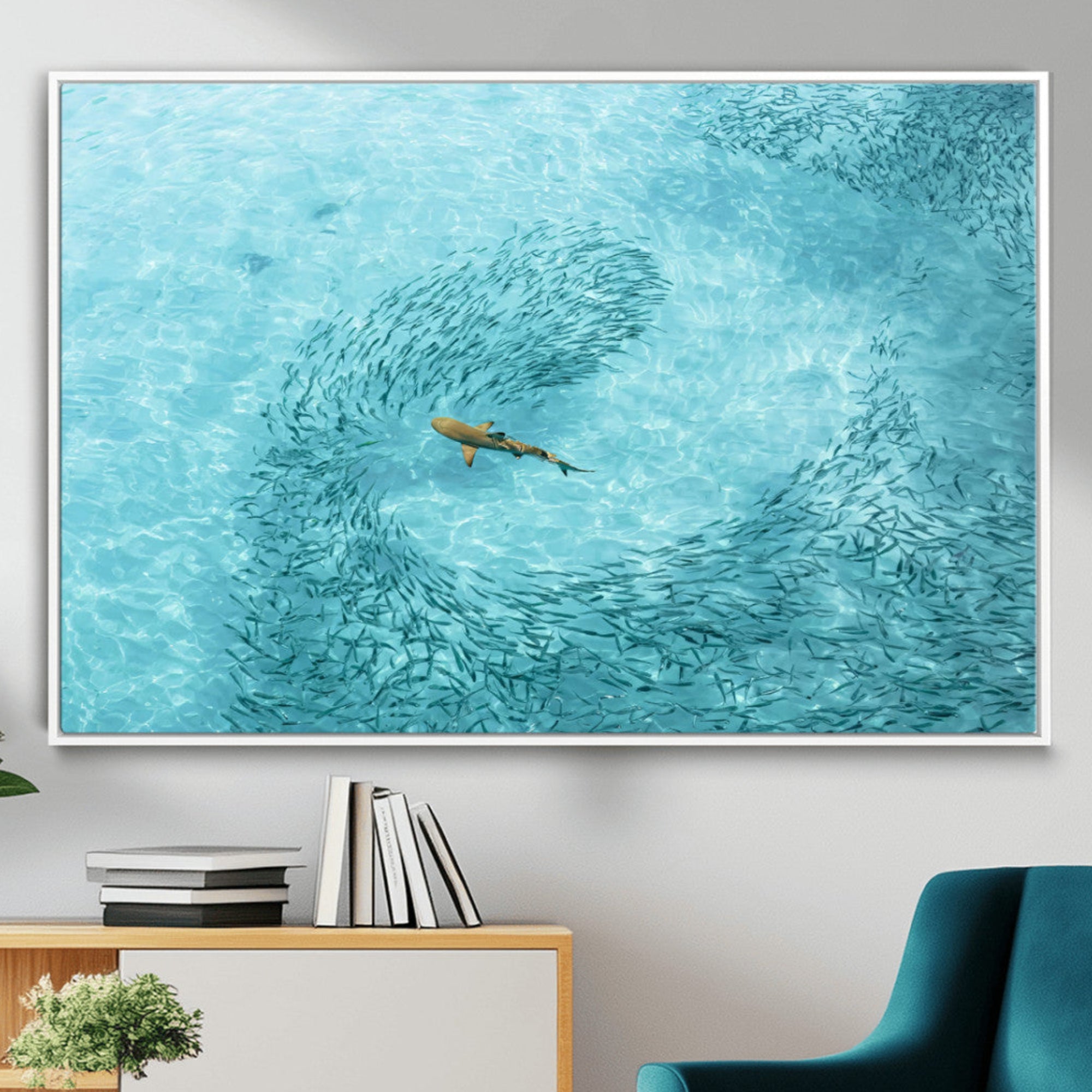 -Fish Swarm Wall Art Canvas Print – Framed Aerial Shark and Marine Life Coastal Wildlife Artwork for Home, Office