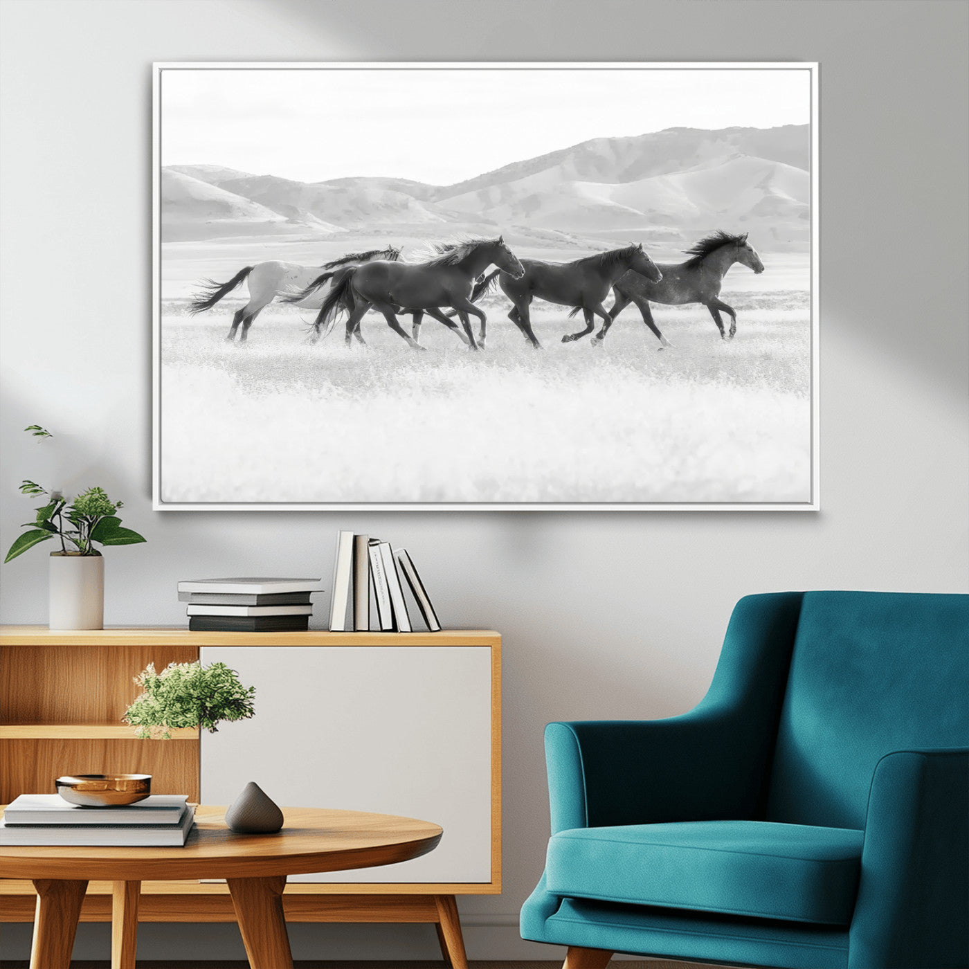 MGV-FC-36X24 - Wild Horses Wall Art – Black & White Canvas Print of Herd Running, Nature in Motion, Freedom & Beauty Decor for Guest Room, Office or Living Room
