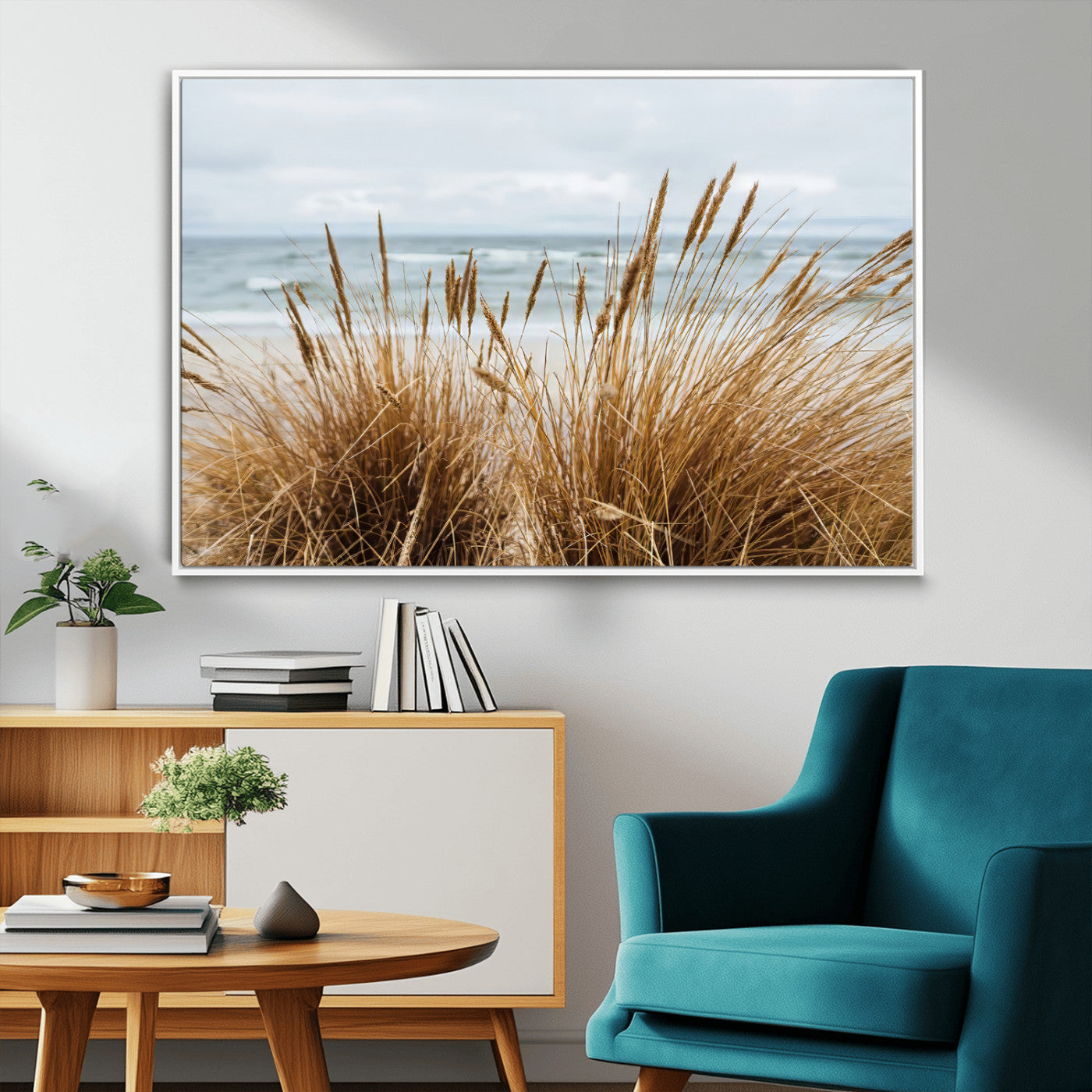 14270839-MGV-FC-36X24_White-Beach Grass Wall Art – Framed Coastal Dunes Canvas Artwork, Minimal Seaside Design, Modern Coastal Decor for Home, Office