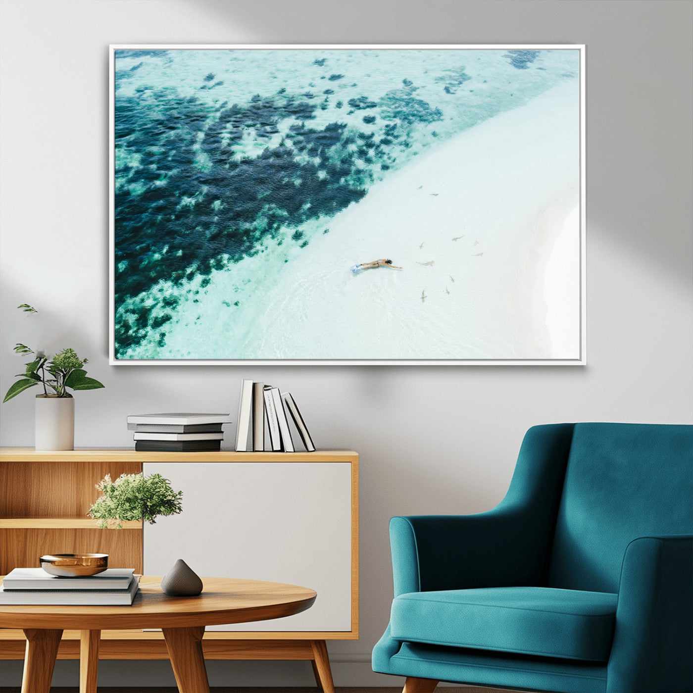 33764764-MGV-FC-36X24_White-Minimal Beach Wall Art – Framed Ocean Swimming Canvas Artwork, Clear Blue Sea Design, Modern Coastal Decor for Home, Office