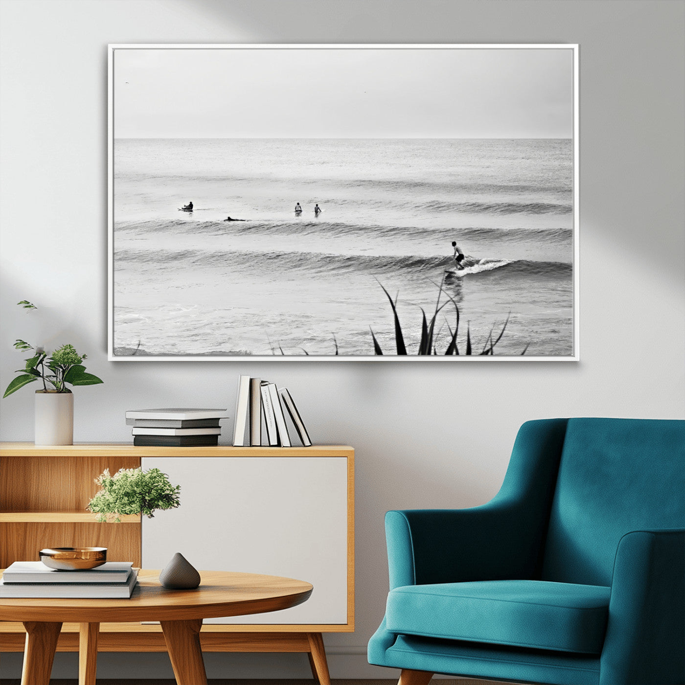 33821421-MGV-FC-36X24_White-Surfer Silhouette Wall Art – Framed Calm Ocean Canvas Artwork, Monochrome Minimal Design, Modern Coastal Decor for Home, Office