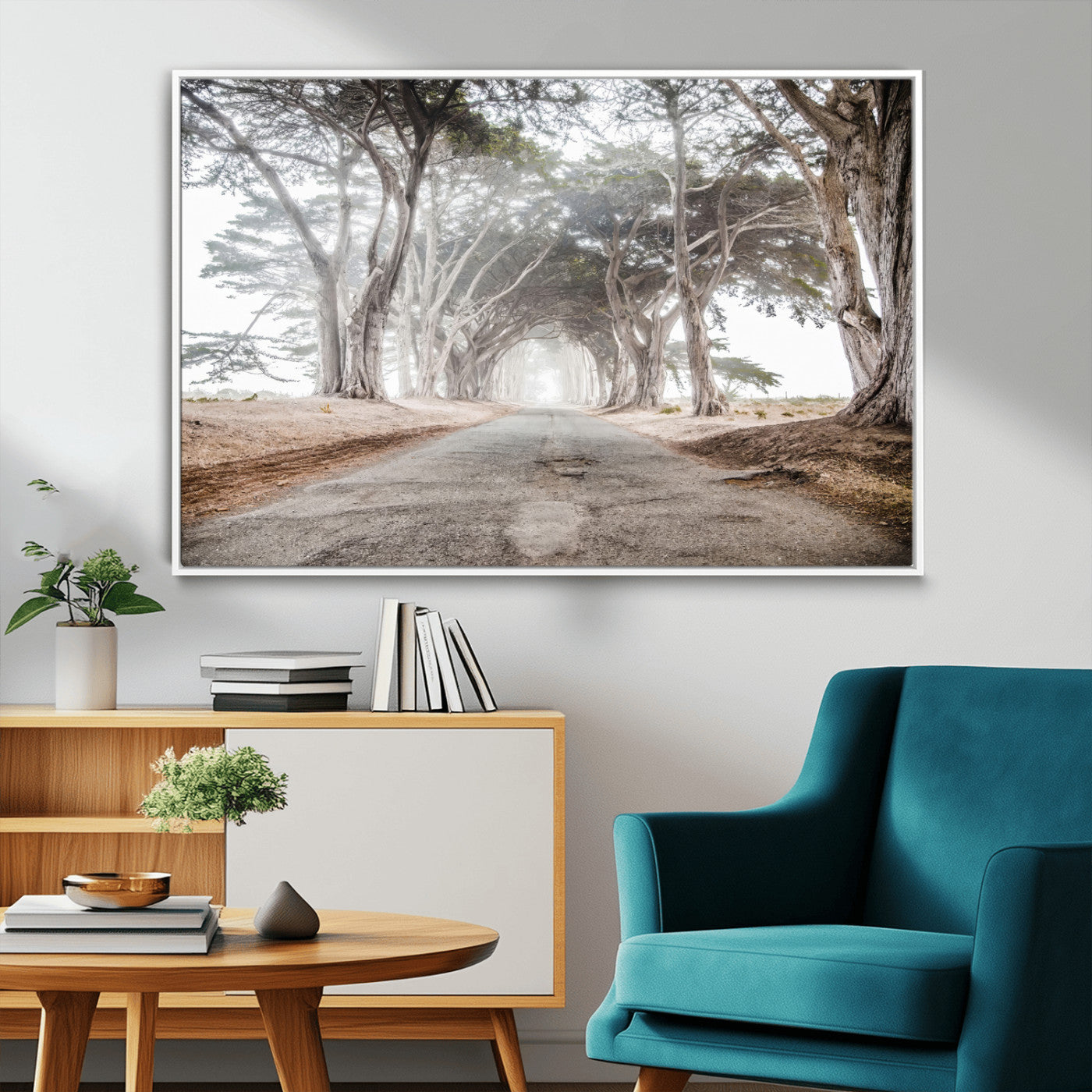 87090469-MGV-CV-36X24-Cypress Tunnel Wall Art – Framed Misty Road Canvas Artwork, Foggy Trees Design, Rustic Woodland Nature Decor for Home, Office