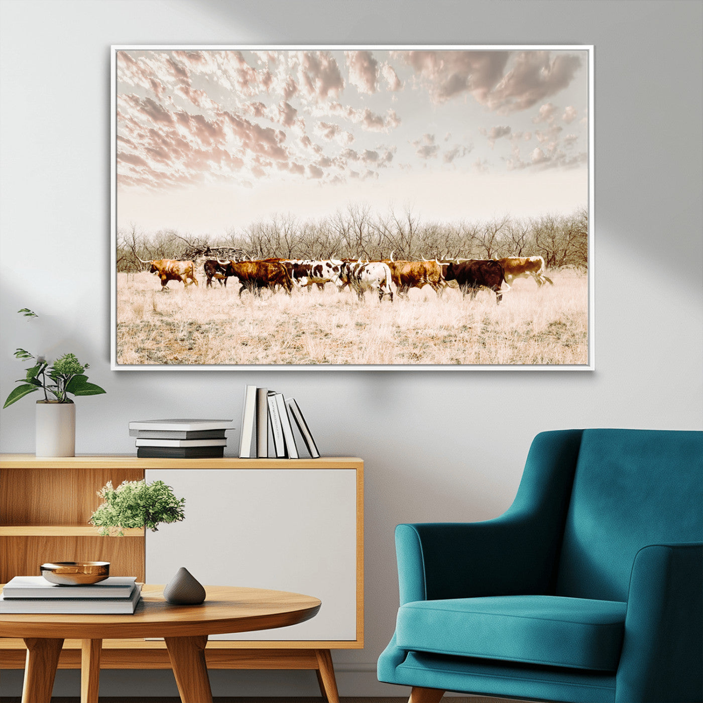 64892775-MGV-FC-36X24_White-Longhorn Cattle Wall Art Canvas Print – Framed Texas Ranch Scene with Western Cow Artwork for Home, Office