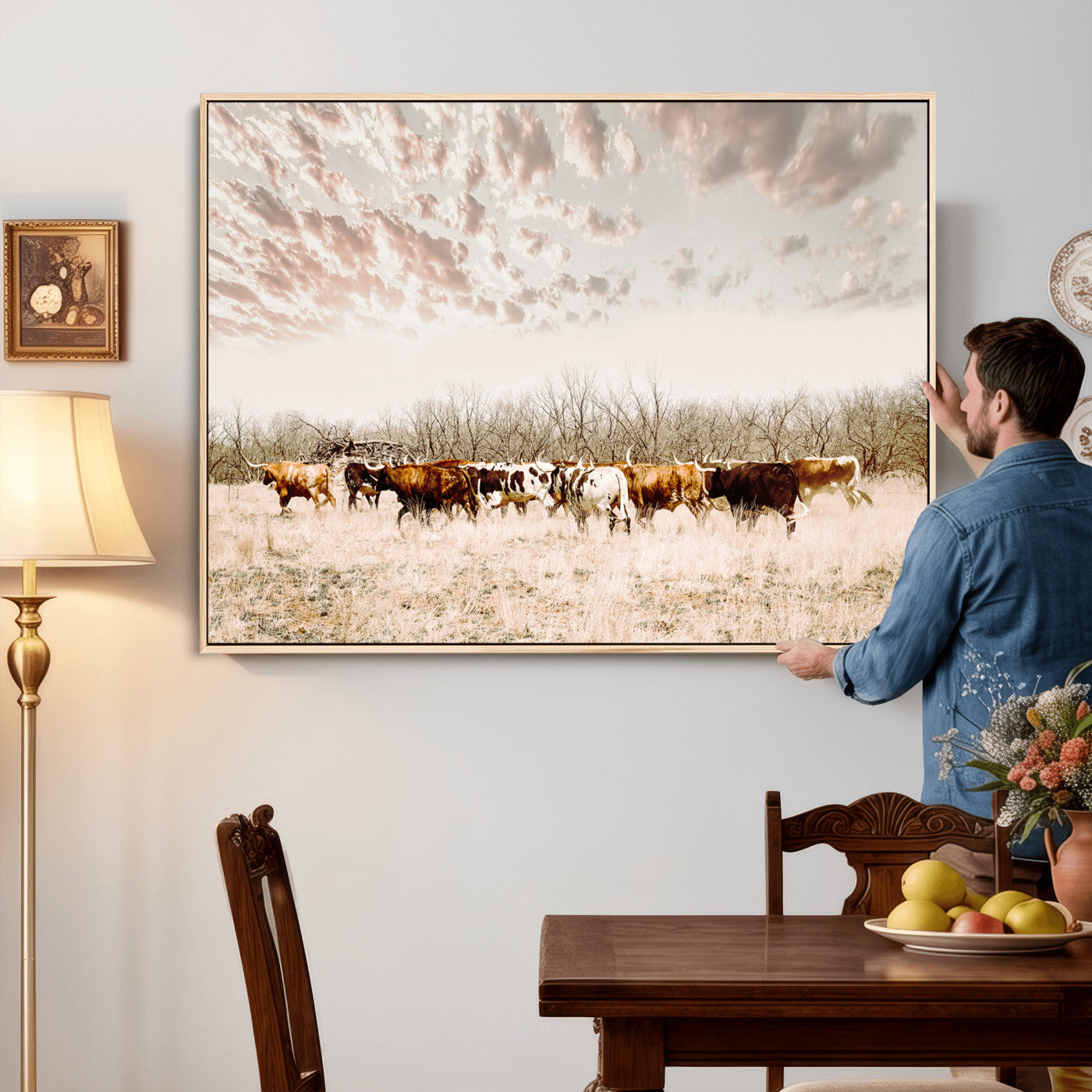 64892775-MGV-CV-36X24 - Longhorn Cattle Wall Art Canvas Print, Framed Texas Ranch Art Picture Print, Western Cow Perfect Western Decor Artwork