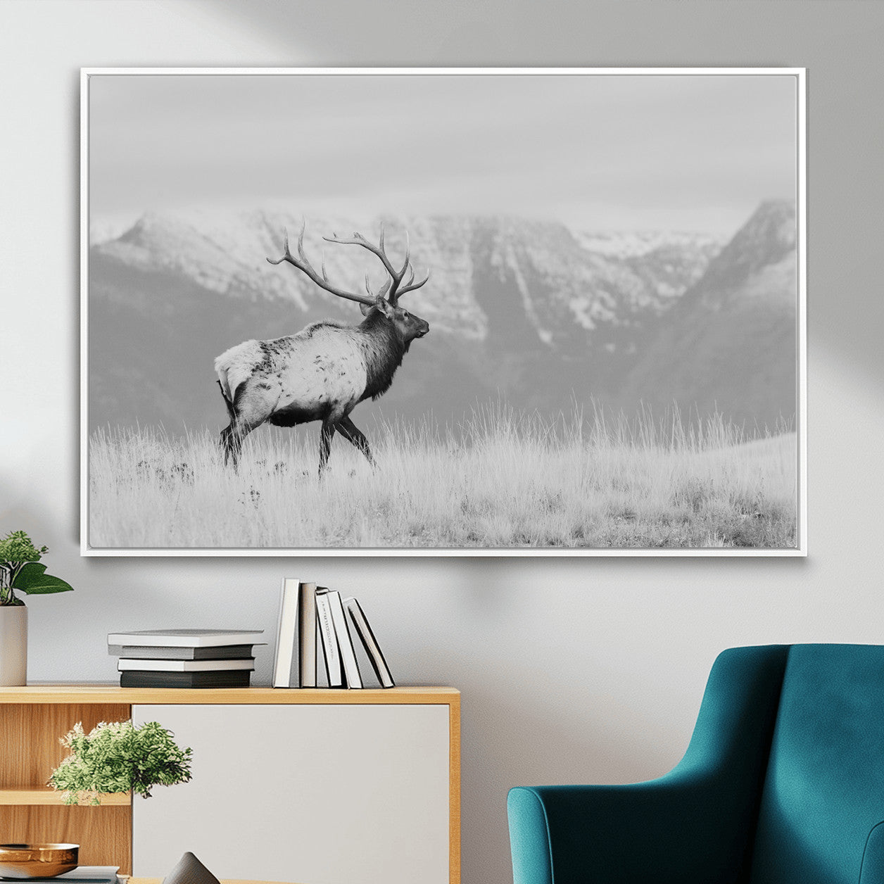 36150391-MGV-FC-36X24 - Wall Art Canvas Print – Majestic Elk Black & White Wilderness, Scenic Mountain and Grassland Landscape, Wildlife Nature Decor for Home or Office