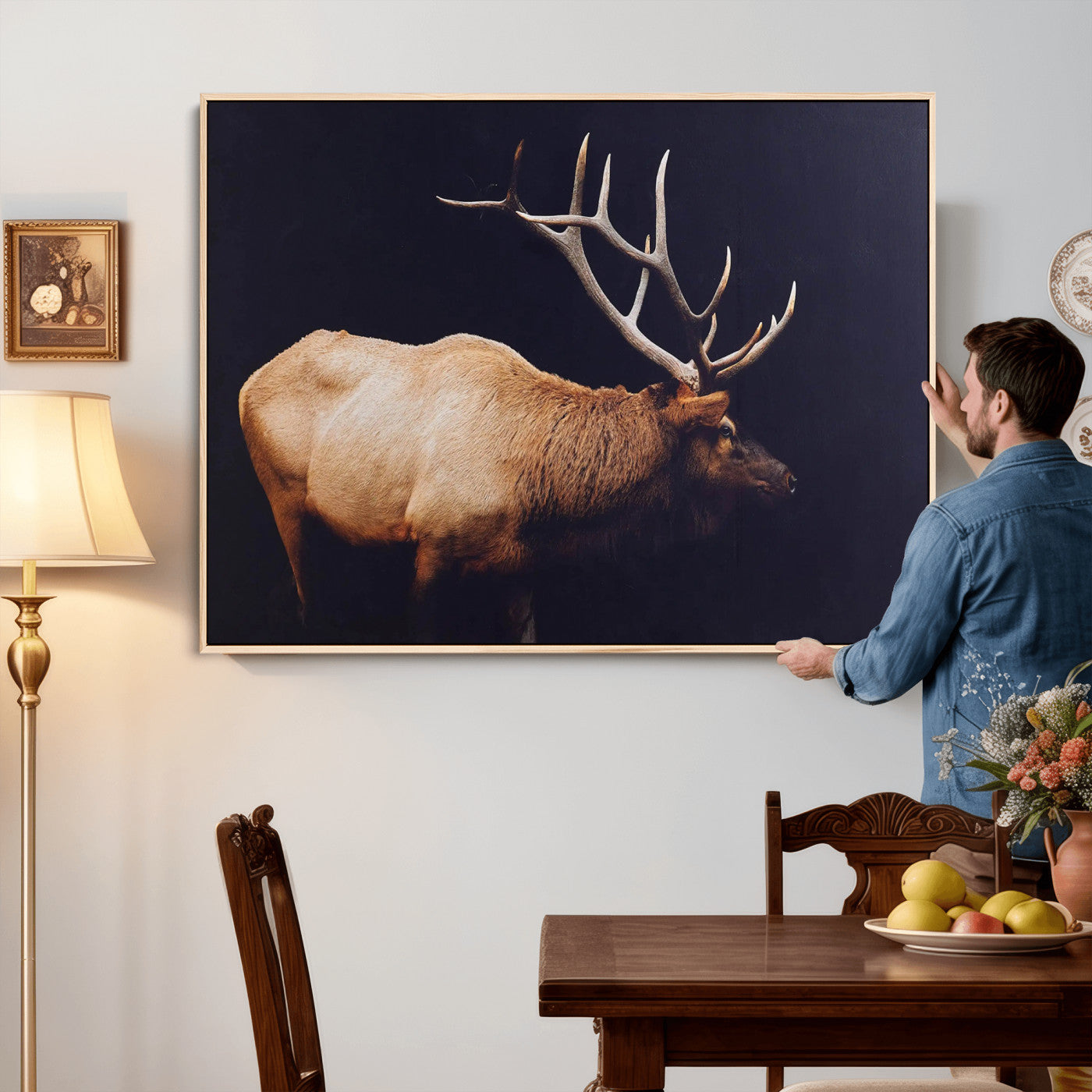 89239257-MGV-CV-36X24 - Rustic Elk Wall Art Canvas Print – Framed Moody Wildlife Art Picture Western Animal Artwork for Home, Office Decor