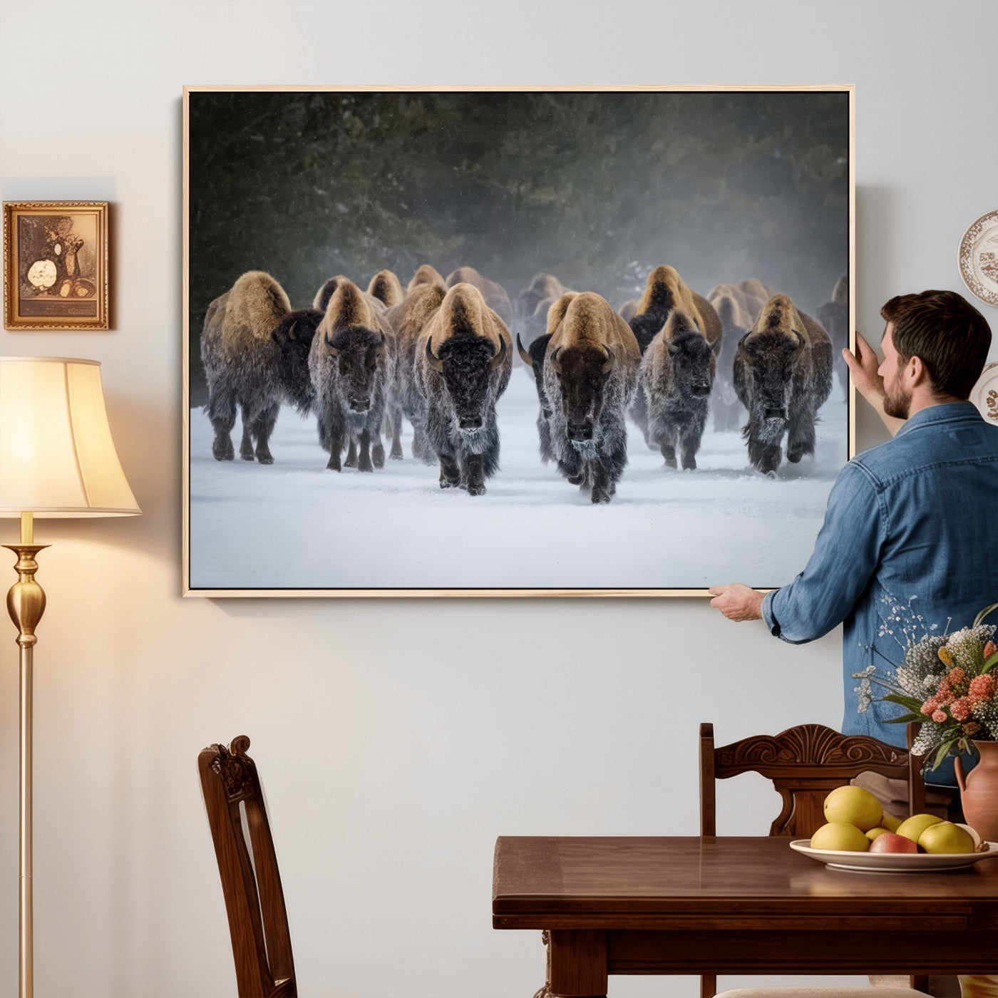 41669135-MGV-CV-36X24 - Winter Bison Herd Wall Art – Majestic Buffalo Charge Canvas Print with Snow Covered Plains, Rustic Wildlife Strength and Untamed Nature Decor for Home and Office