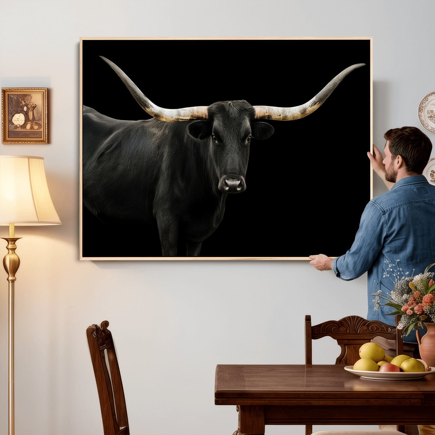 23572907-MGV-CV-36X24 - Texas Longhorn Wall Art Canvas Print, Framed Rustic Western Art Picture Print, Farmhouse Animal Perfect Modern Western Minimalist Decor Artwork