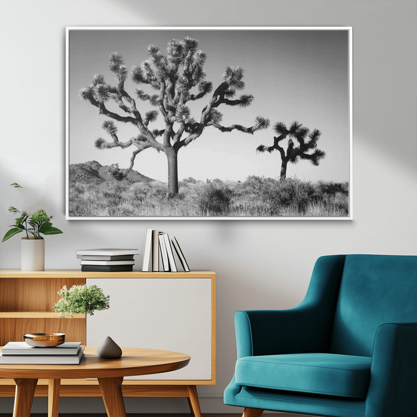 93692513-MGV-FC-36X24_White-Joshua Tree Wall Art Canvas Print – Framed Monochrome Desert Minimalist Nature Scene Southwestern Artwork for Home Office