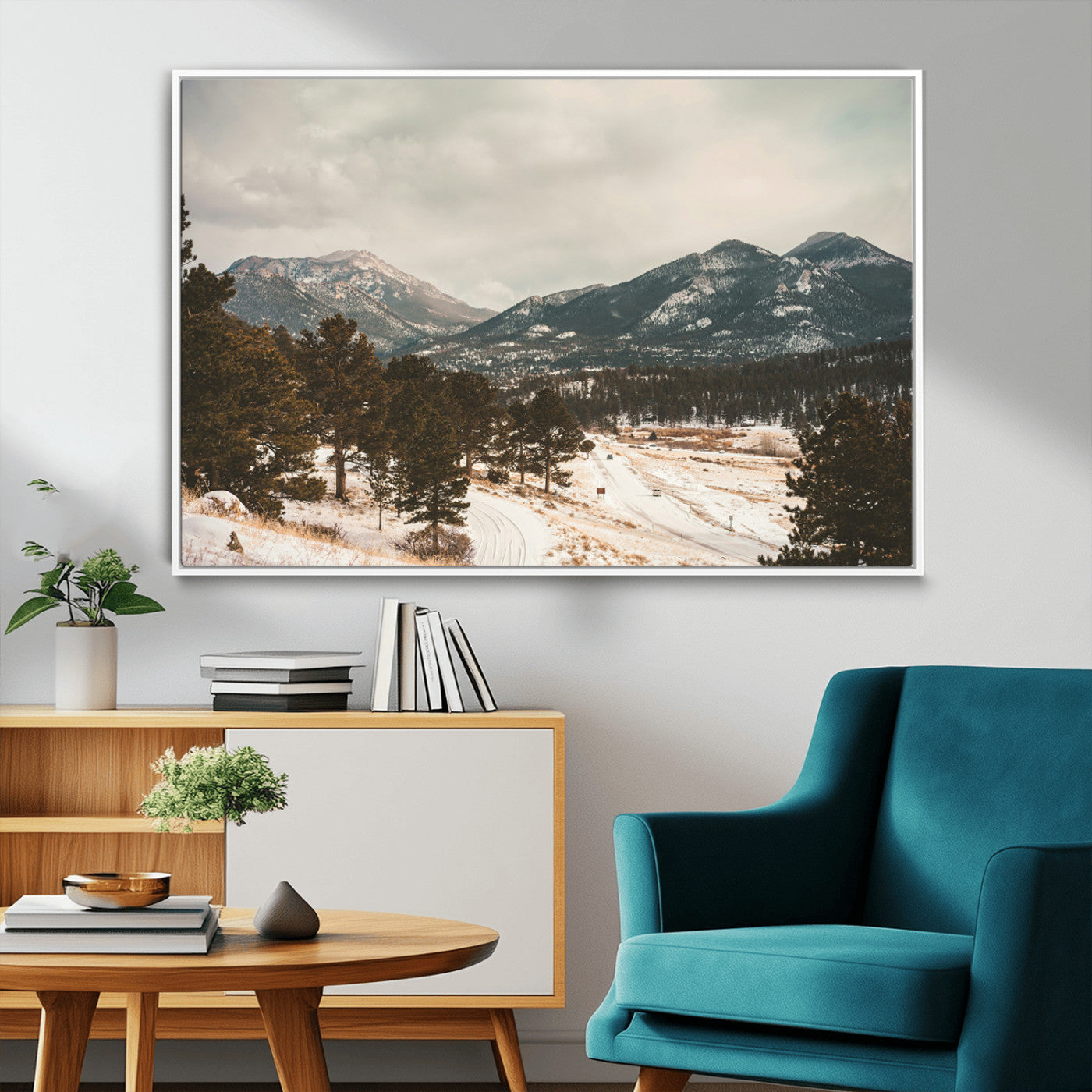 -Mountain Landscape Wall Art Canvas Print – Framed Snowy Peaks Alpine Aesthetic Rustic Winter Scene Artwork for Home Office
