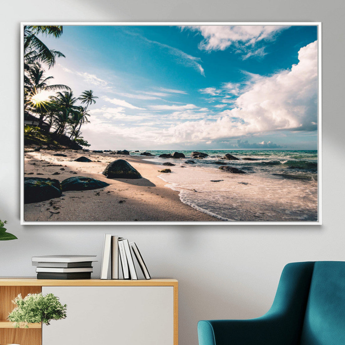 Tropical Beach Wall Art Canvas Print, Framed Ocean Waves Relaxing Seascape
