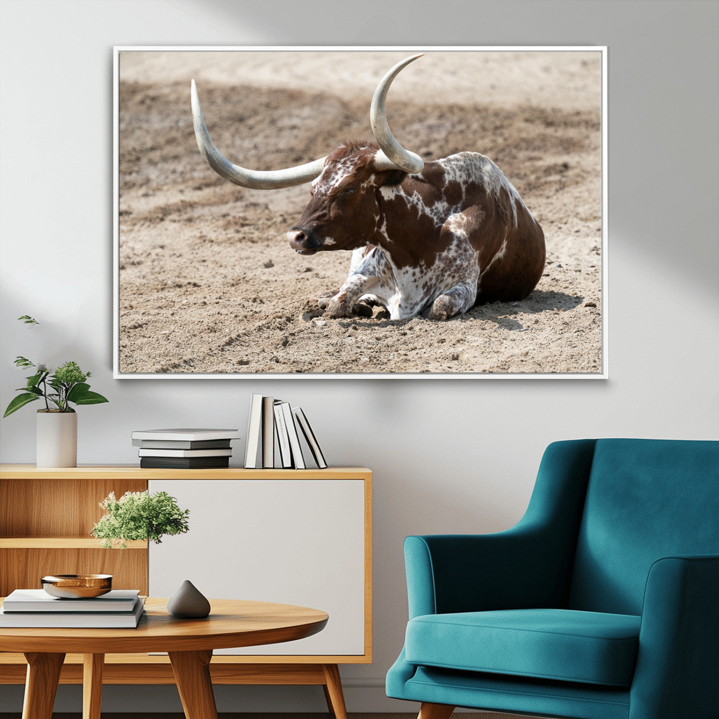 76549210-MGV-FC-36X24_White-Texas Longhorn Wall Art Canvas Print – Framed Country Living Farmhouse Rustic Cattle Scene Artwork for Home Office