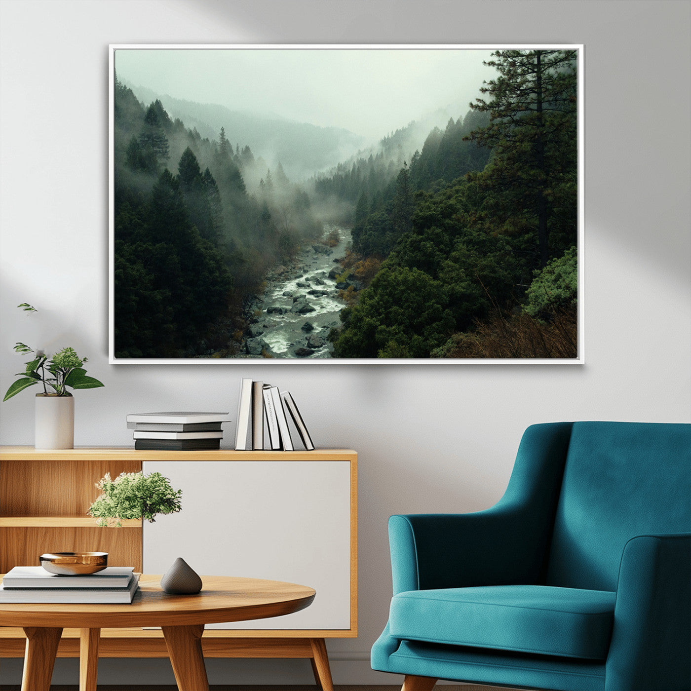48497565-MGV-FC-36X24_White-Misty Forest Wall Art Canvas Print – Framed Foggy River Moody Landscape Wilderness Nature Scene Artwork for Home Office