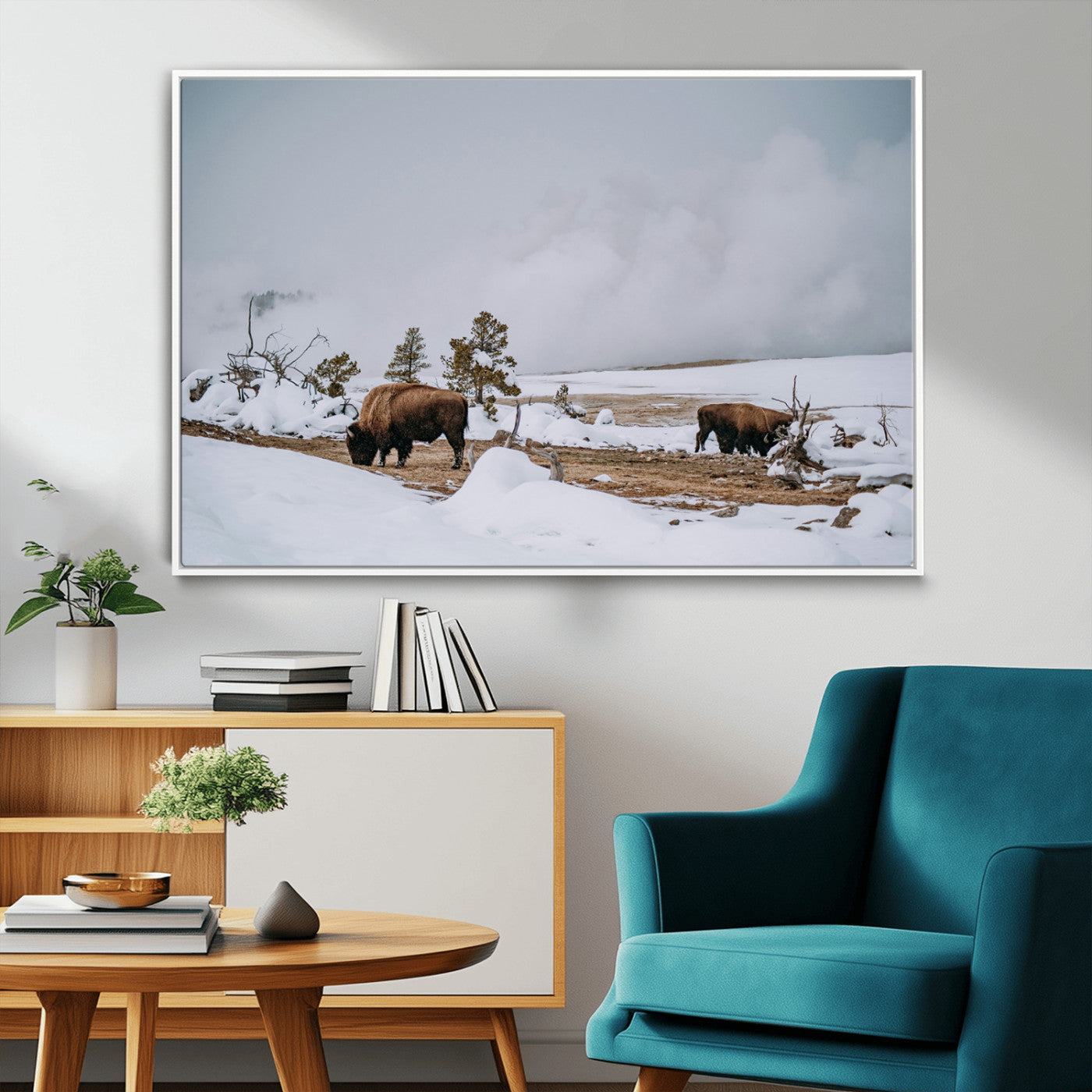 60308289-MGV-FC-36X24_White-Bison Wildlife Wall Art Canvas Print – Framed Snowy Prairie Western Rustic Nature Scene Artwork for Home Office