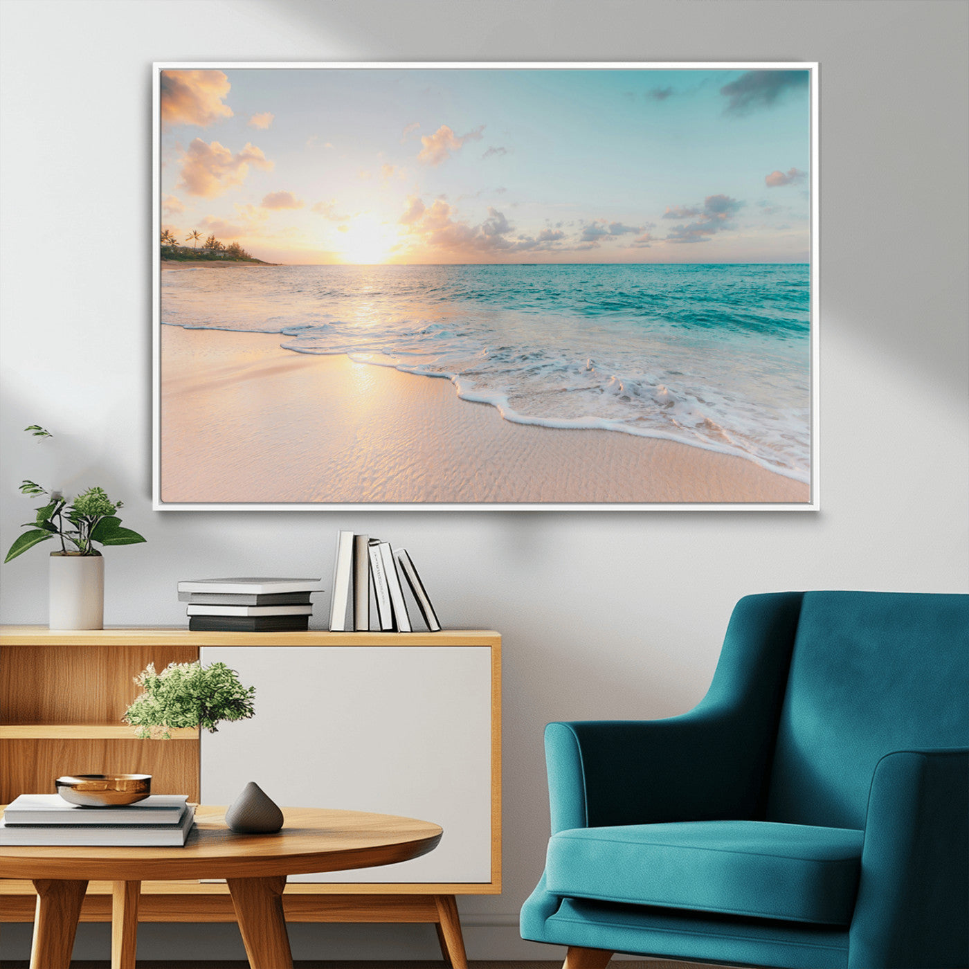 94538225-MGV-FC-36X24_White-Beach Sunset Wall Art Canvas Print – Framed Ocean Waves Summer Escape Coastal Nature Scene Artwork for Home Office