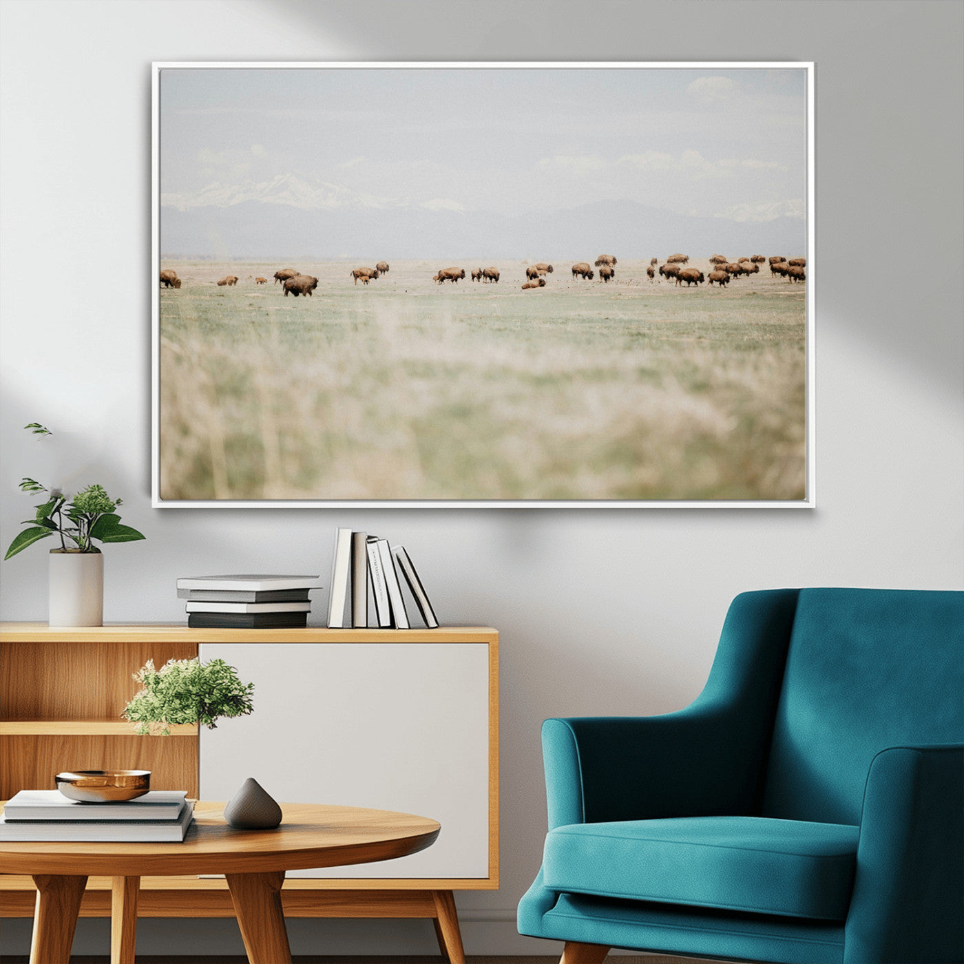 36510917-MGV-FC-36X24_White-Bison Herd Wall Art Canvas Print – Framed Western Bison Ranch Nature Scene Artwork for Home, Office, Living Room